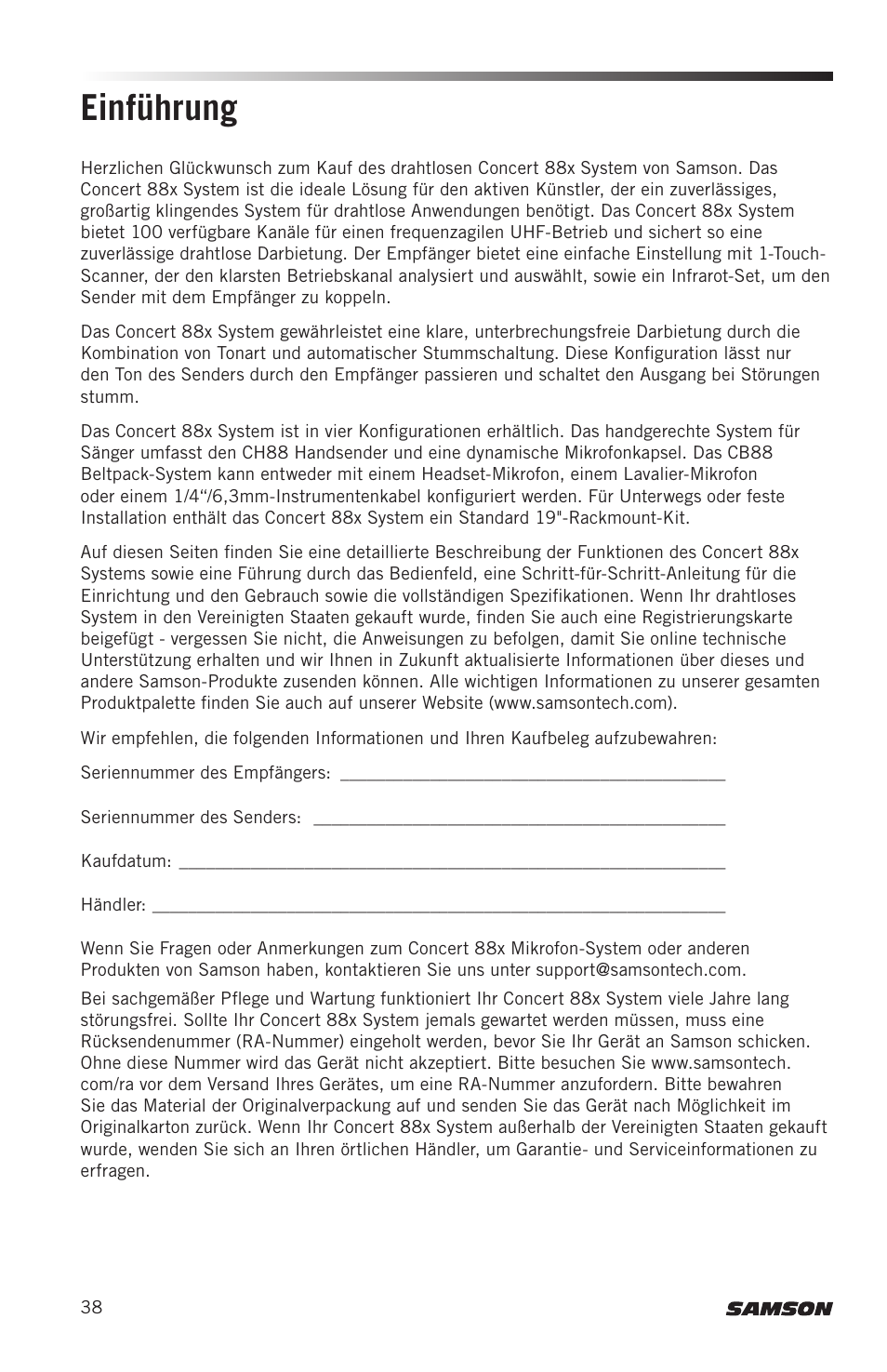 Einführung | Samson Concert 88x Wireless Lavalier Microphone System with LM10 Miniature Lav (D: 542 to 566 MHz) User Manual | Page 38 / 84