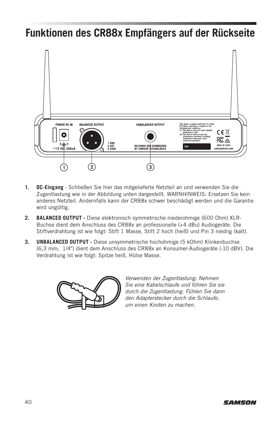 Funktionen des cr88x empfängers auf der rückseite | Samson Concert 88x Wireless Lavalier Microphone System with LM10 Miniature Lav (D: 542 to 566 MHz) User Manual | Page 40 / 84