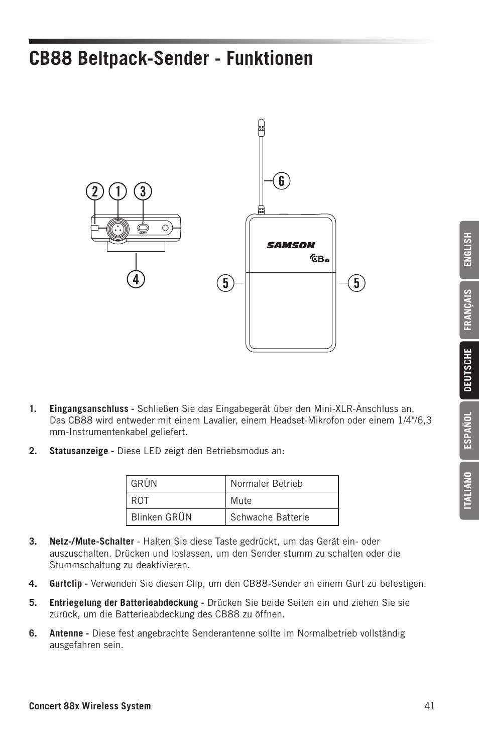 Cb88 beltpack-sender - funktionen | Samson Concert 88x Wireless Lavalier Microphone System with LM10 Miniature Lav (D: 542 to 566 MHz) User Manual | Page 41 / 84