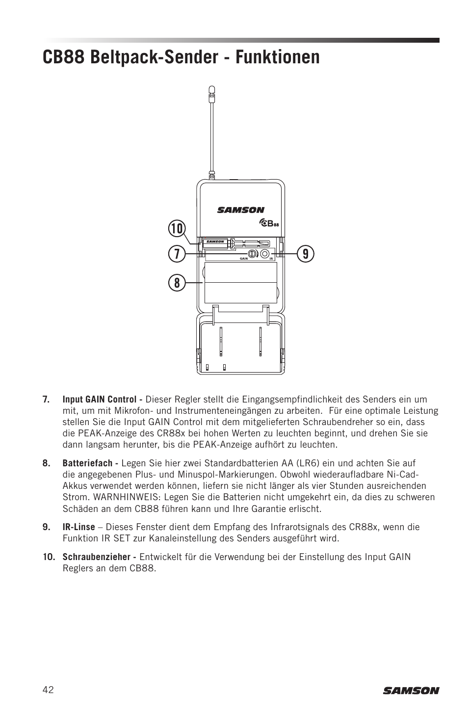 Cb88 beltpack-sender - funktionen | Samson Concert 88x Wireless Lavalier Microphone System with LM10 Miniature Lav (D: 542 to 566 MHz) User Manual | Page 42 / 84