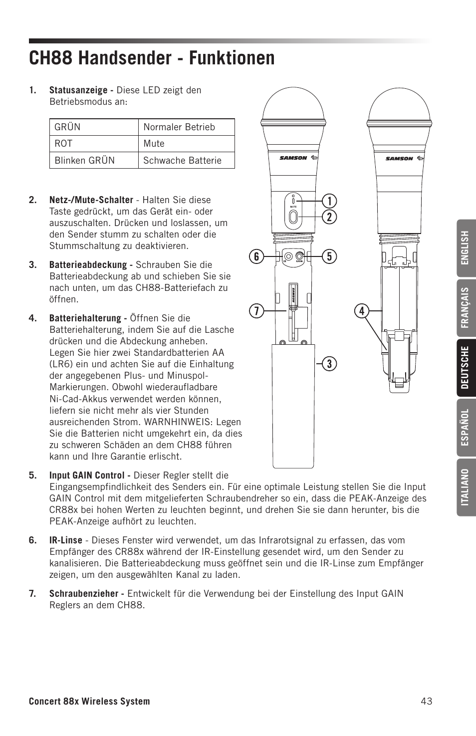 Ch88 handsender - funktionen | Samson Concert 88x Wireless Lavalier Microphone System with LM10 Miniature Lav (D: 542 to 566 MHz) User Manual | Page 43 / 84