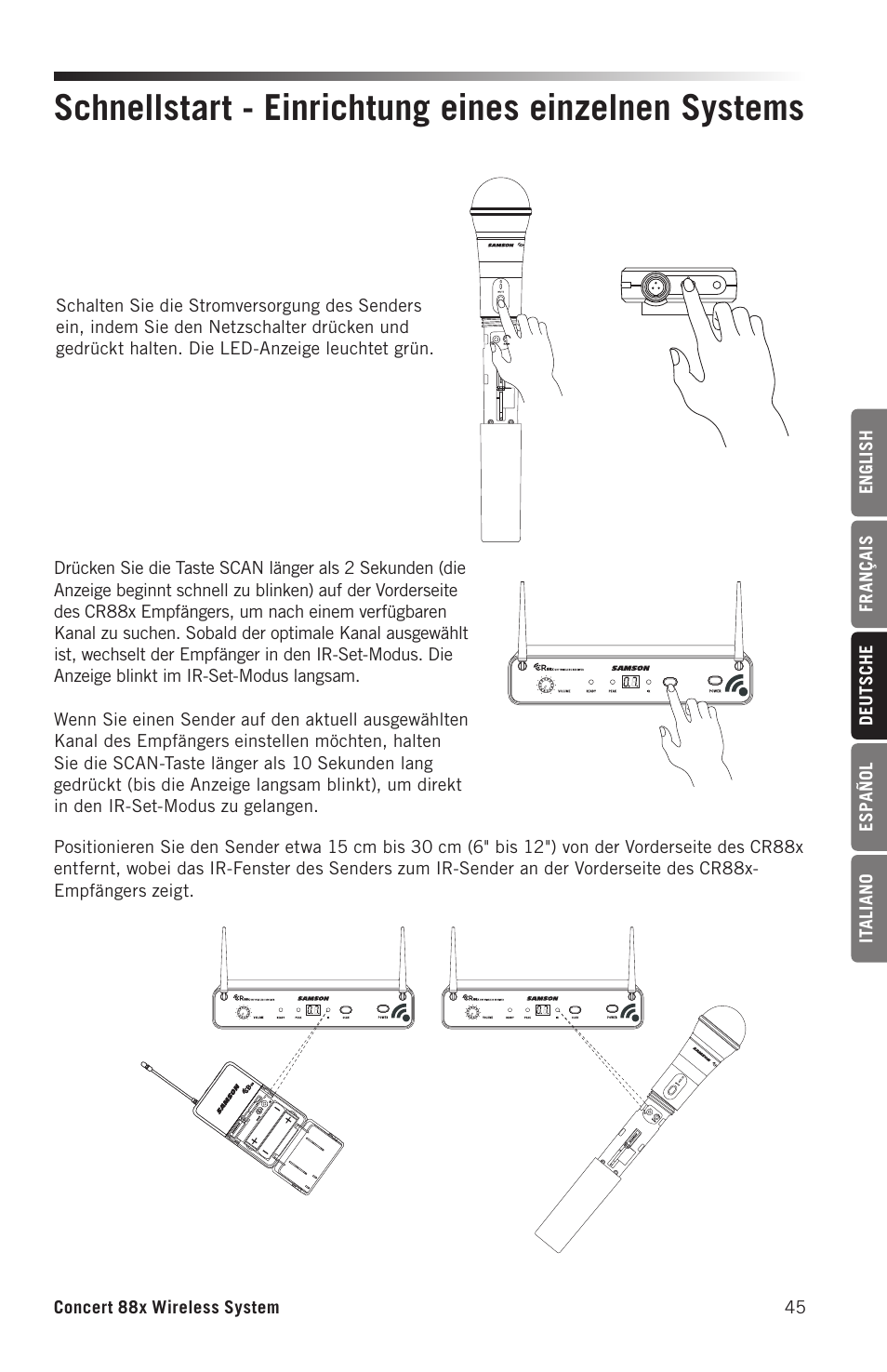 Schnellstart - einrichtung eines einzelnen systems | Samson Concert 88x Wireless Lavalier Microphone System with LM10 Miniature Lav (D: 542 to 566 MHz) User Manual | Page 45 / 84