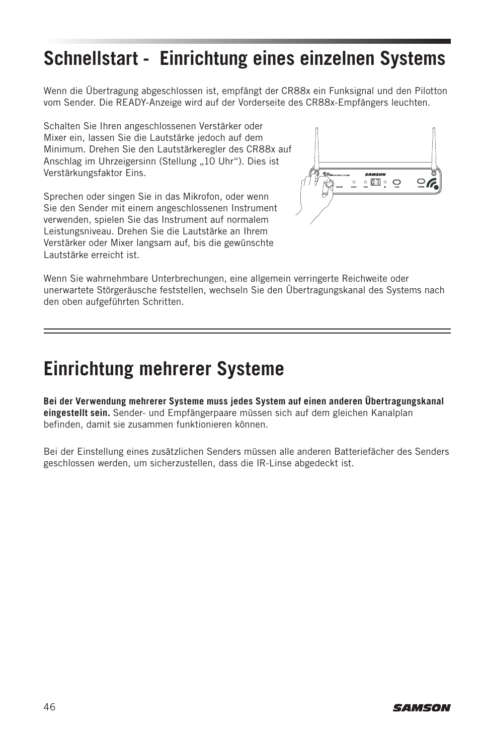 Schnellstart - einrichtung eines einzelnen systems, Einrichtung mehrerer systeme | Samson Concert 88x Wireless Lavalier Microphone System with LM10 Miniature Lav (D: 542 to 566 MHz) User Manual | Page 46 / 84