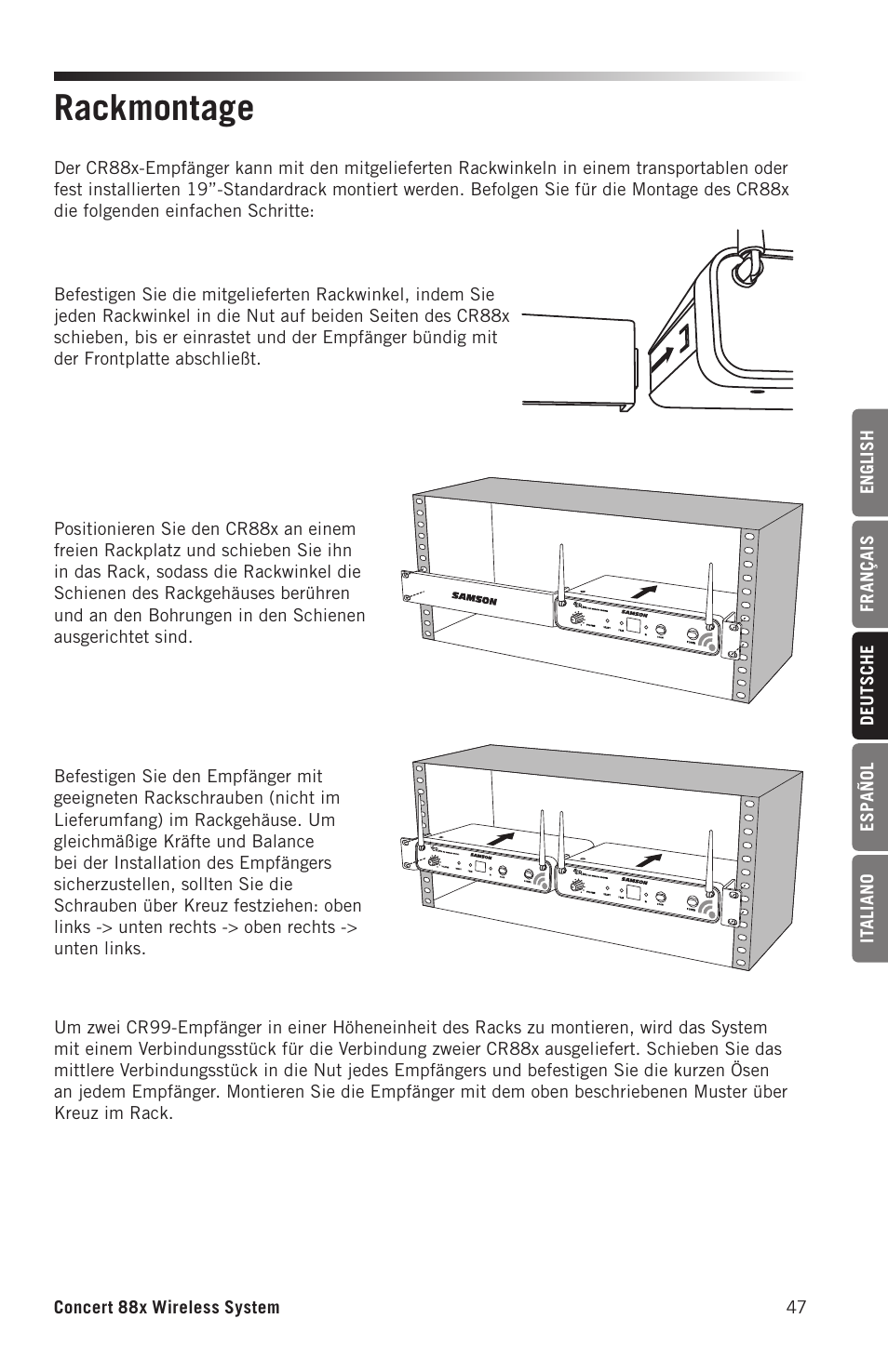 Rackmontage | Samson Concert 88x Wireless Lavalier Microphone System with LM10 Miniature Lav (D: 542 to 566 MHz) User Manual | Page 47 / 84