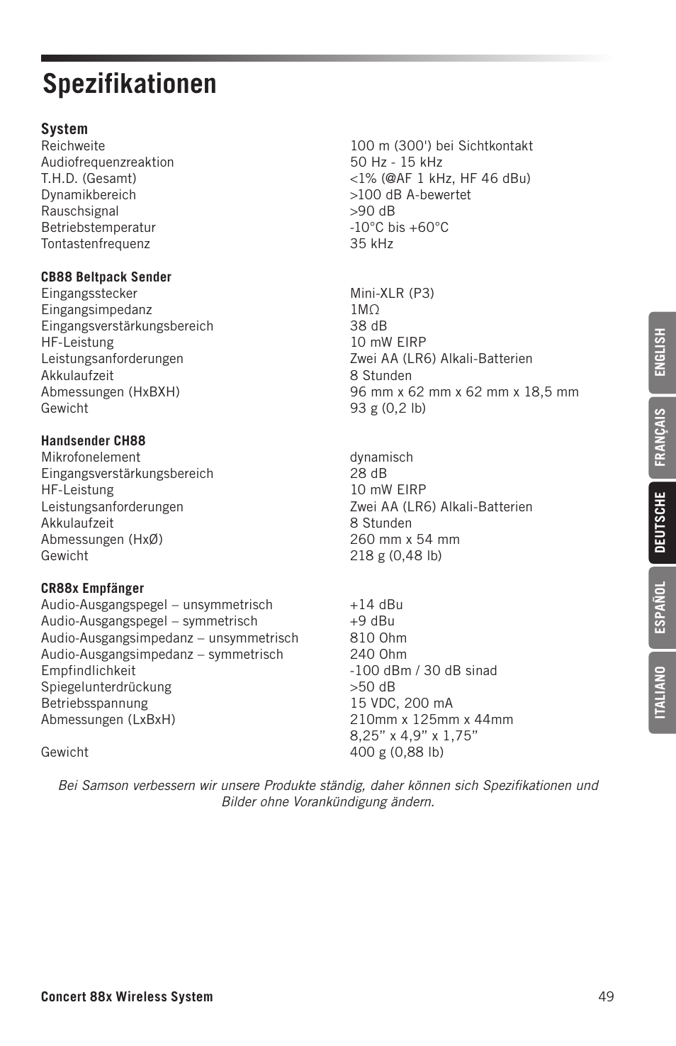 Spezifikationen | Samson Concert 88x Wireless Lavalier Microphone System with LM10 Miniature Lav (D: 542 to 566 MHz) User Manual | Page 49 / 84