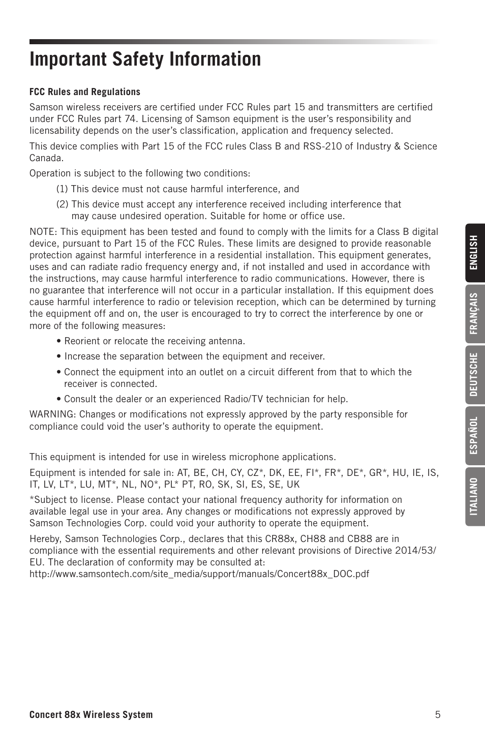 Important safety information | Samson Concert 88x Wireless Lavalier Microphone System with LM10 Miniature Lav (D: 542 to 566 MHz) User Manual | Page 5 / 84