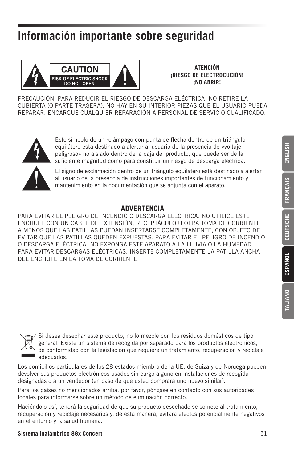 Información importante sobre seguridad, Advertencia | Samson Concert 88x Wireless Lavalier Microphone System with LM10 Miniature Lav (D: 542 to 566 MHz) User Manual | Page 51 / 84