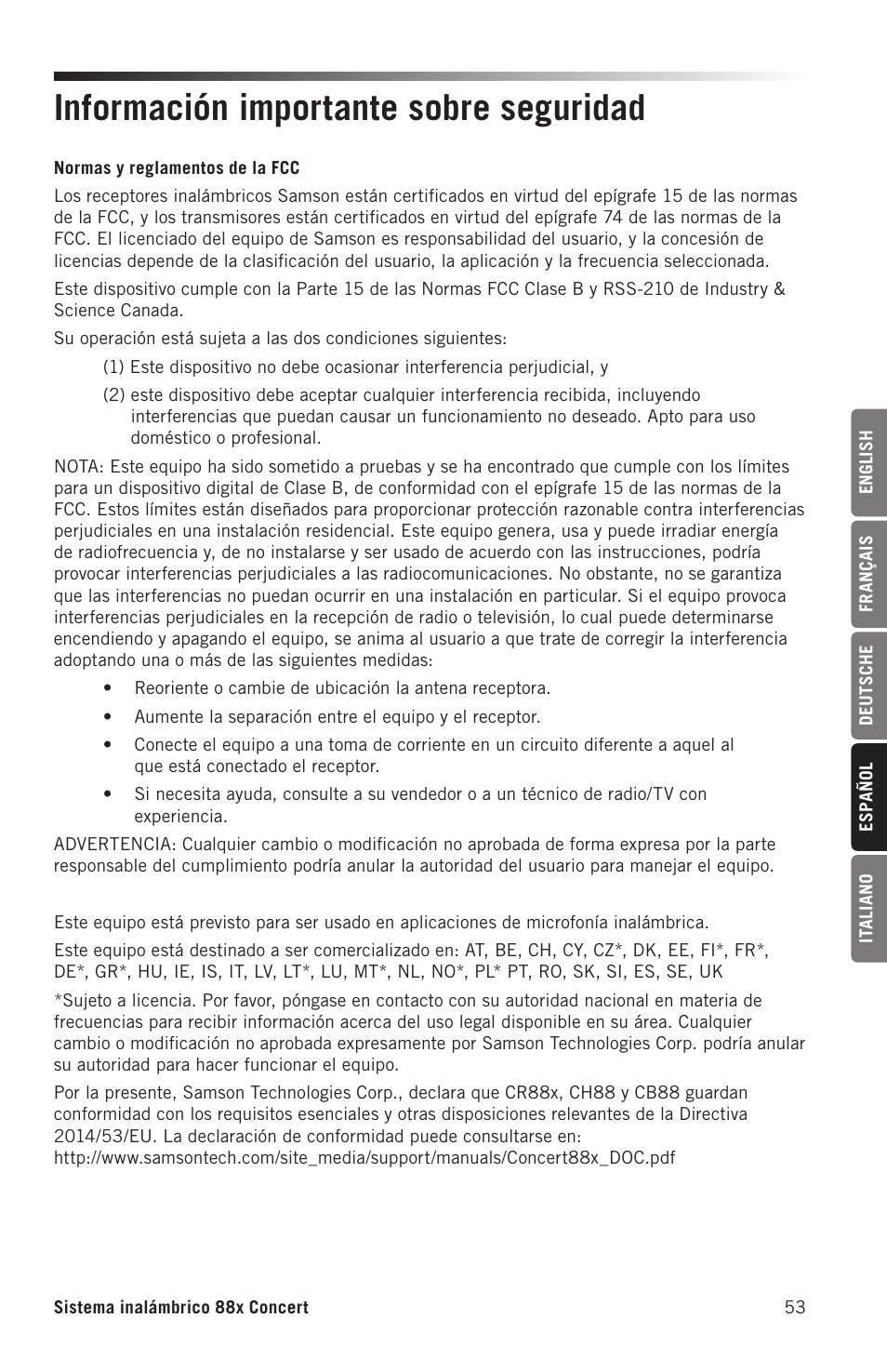 Información importante sobre seguridad | Samson Concert 88x Wireless Lavalier Microphone System with LM10 Miniature Lav (D: 542 to 566 MHz) User Manual | Page 53 / 84