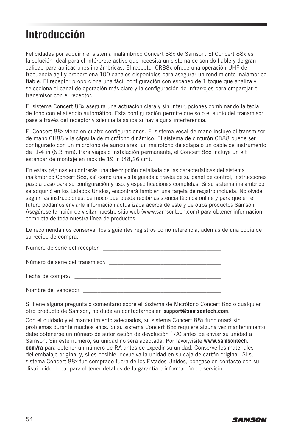 Introducción | Samson Concert 88x Wireless Lavalier Microphone System with LM10 Miniature Lav (D: 542 to 566 MHz) User Manual | Page 54 / 84