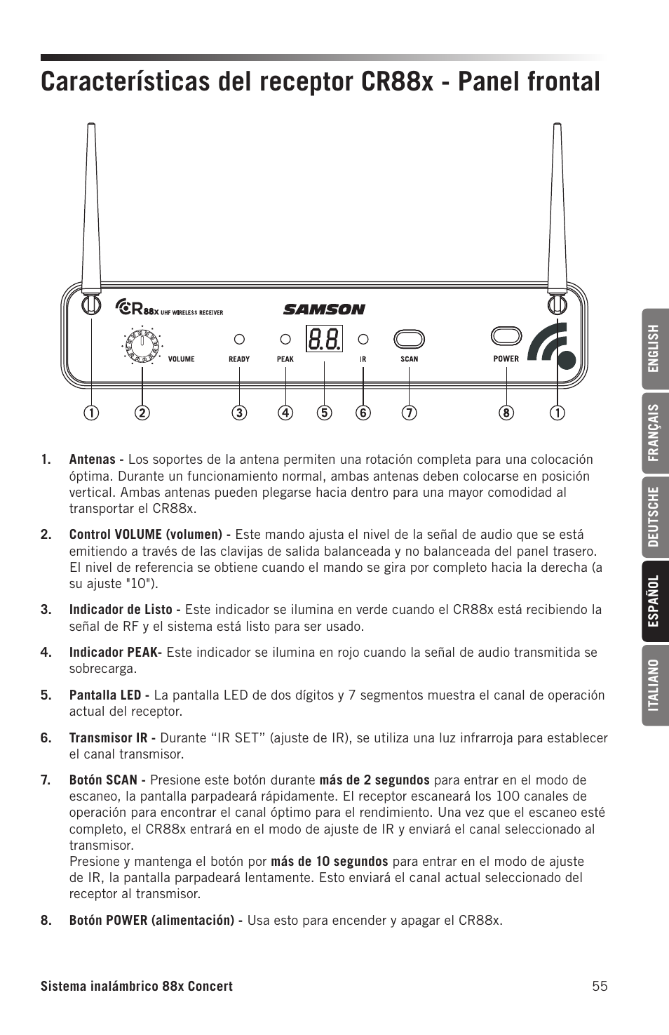 Características del receptor cr88x - panel frontal | Samson Concert 88x Wireless Lavalier Microphone System with LM10 Miniature Lav (D: 542 to 566 MHz) User Manual | Page 55 / 84