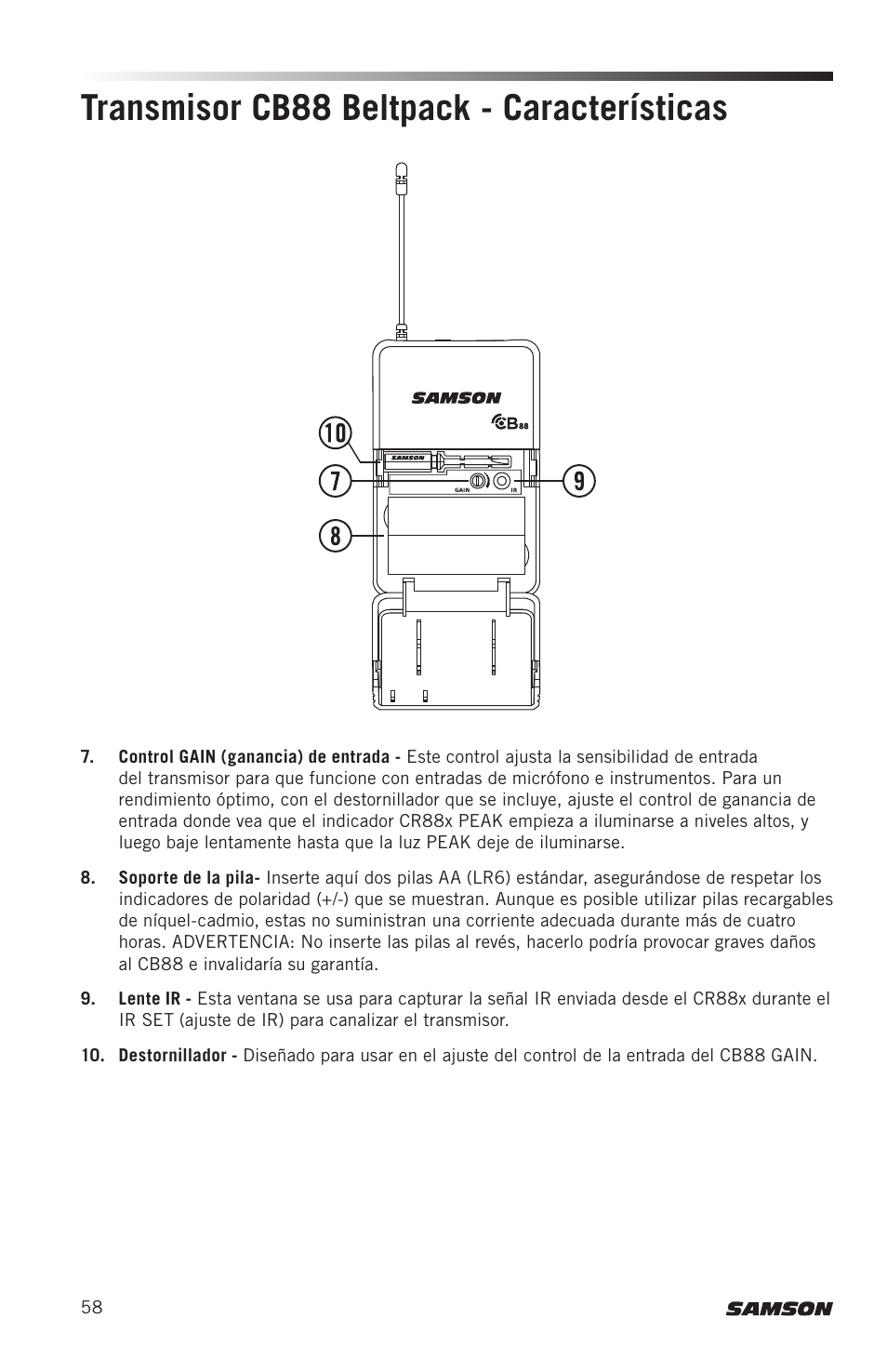 Transmisor cb88 beltpack - características | Samson Concert 88x Wireless Lavalier Microphone System with LM10 Miniature Lav (D: 542 to 566 MHz) User Manual | Page 58 / 84