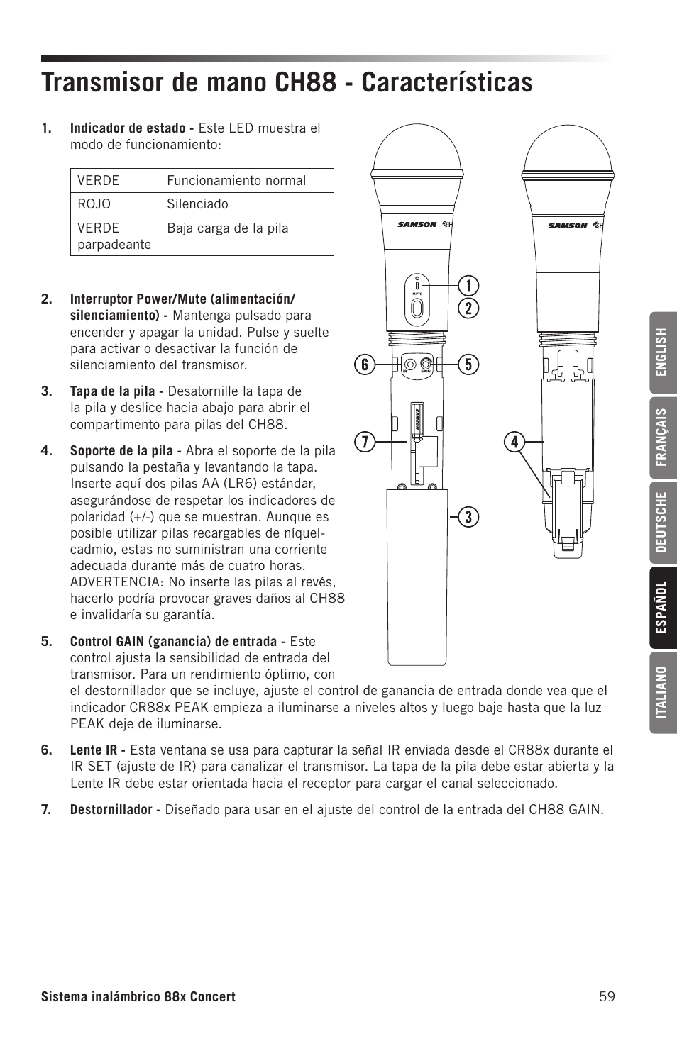 Transmisor de mano ch88 - características | Samson Concert 88x Wireless Lavalier Microphone System with LM10 Miniature Lav (D: 542 to 566 MHz) User Manual | Page 59 / 84