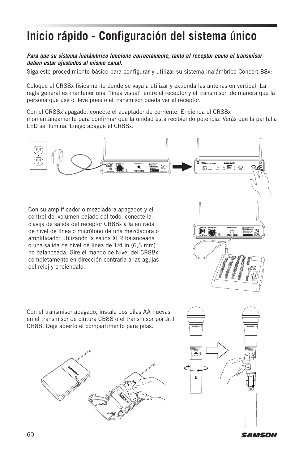 Inicio rápido - configuración del sistema único | Samson Concert 88x Wireless Lavalier Microphone System with LM10 Miniature Lav (D: 542 to 566 MHz) User Manual | Page 60 / 84