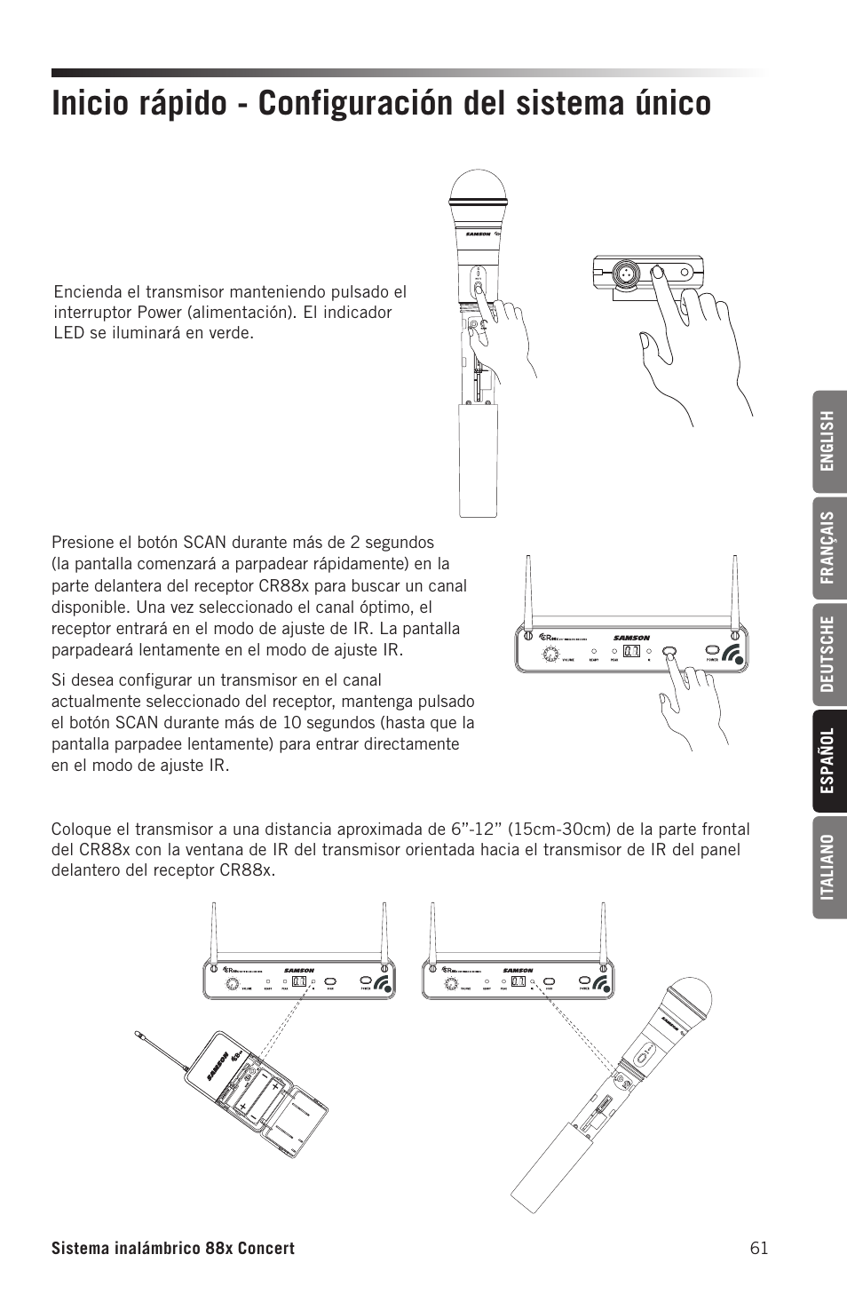 Inicio rápido - configuración del sistema único | Samson Concert 88x Wireless Lavalier Microphone System with LM10 Miniature Lav (D: 542 to 566 MHz) User Manual | Page 61 / 84
