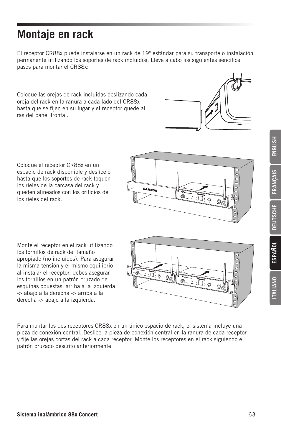 Montaje en rack | Samson Concert 88x Wireless Lavalier Microphone System with LM10 Miniature Lav (D: 542 to 566 MHz) User Manual | Page 63 / 84