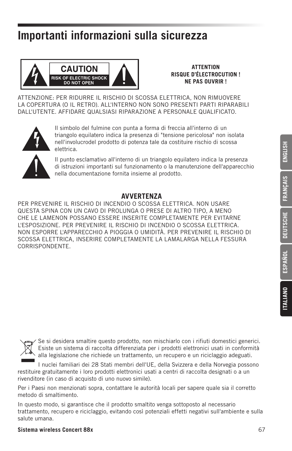 Importanti informazioni sulla sicurezza, Avvertenza | Samson Concert 88x Wireless Lavalier Microphone System with LM10 Miniature Lav (D: 542 to 566 MHz) User Manual | Page 67 / 84