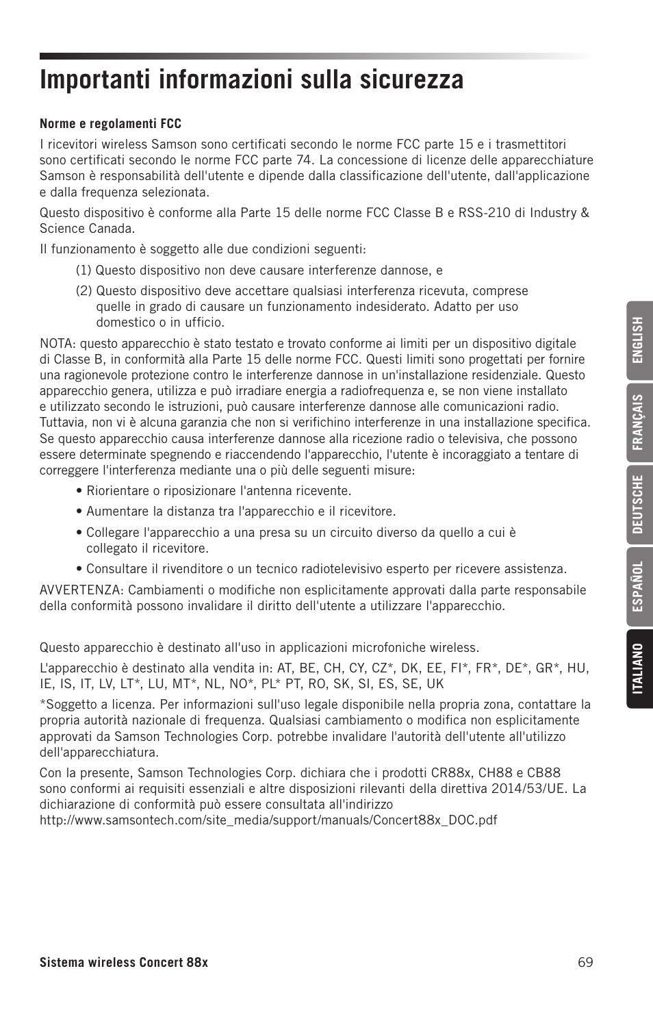 Importanti informazioni sulla sicurezza | Samson Concert 88x Wireless Lavalier Microphone System with LM10 Miniature Lav (D: 542 to 566 MHz) User Manual | Page 69 / 84