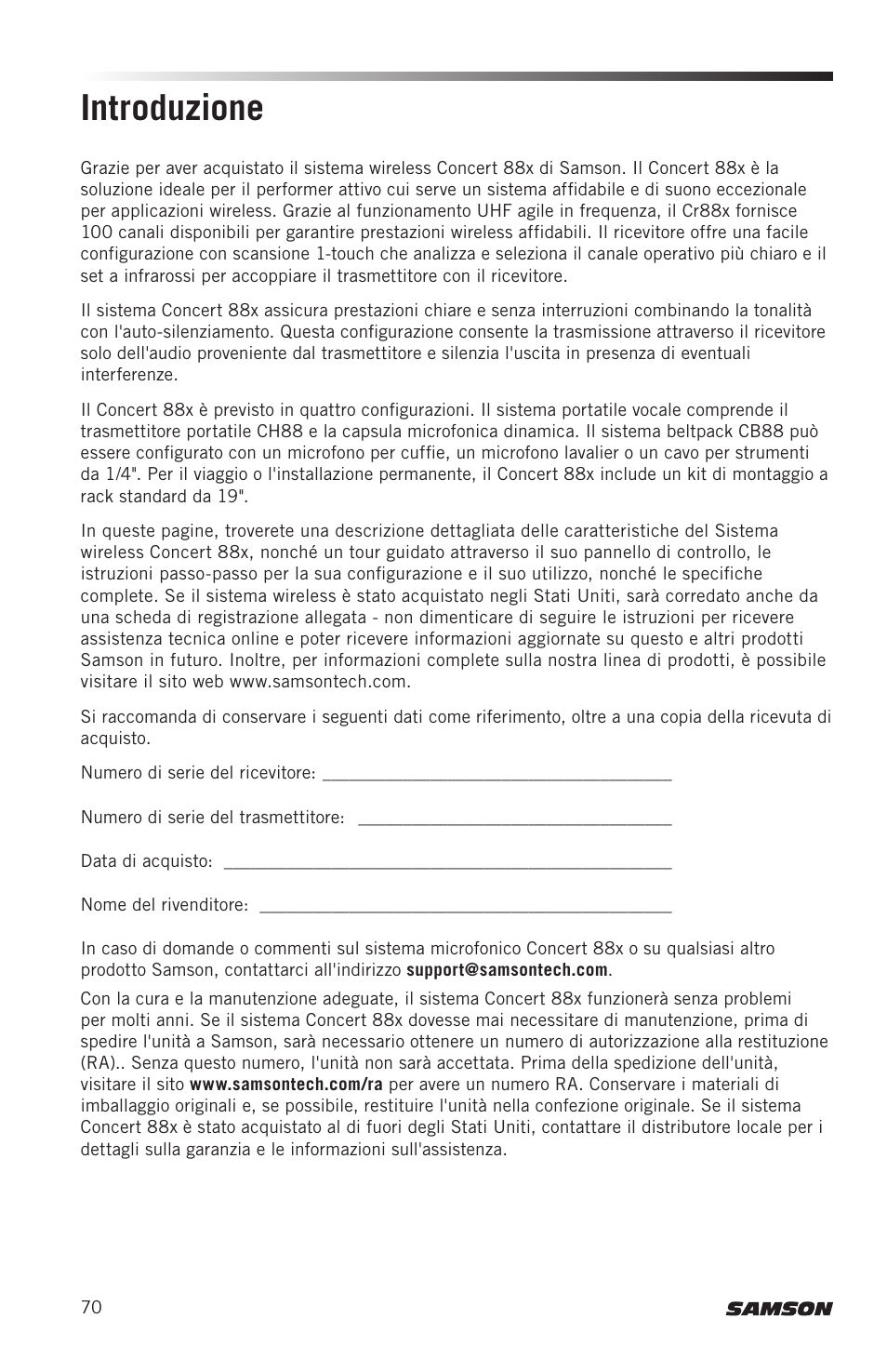 Introduzione | Samson Concert 88x Wireless Lavalier Microphone System with LM10 Miniature Lav (D: 542 to 566 MHz) User Manual | Page 70 / 84