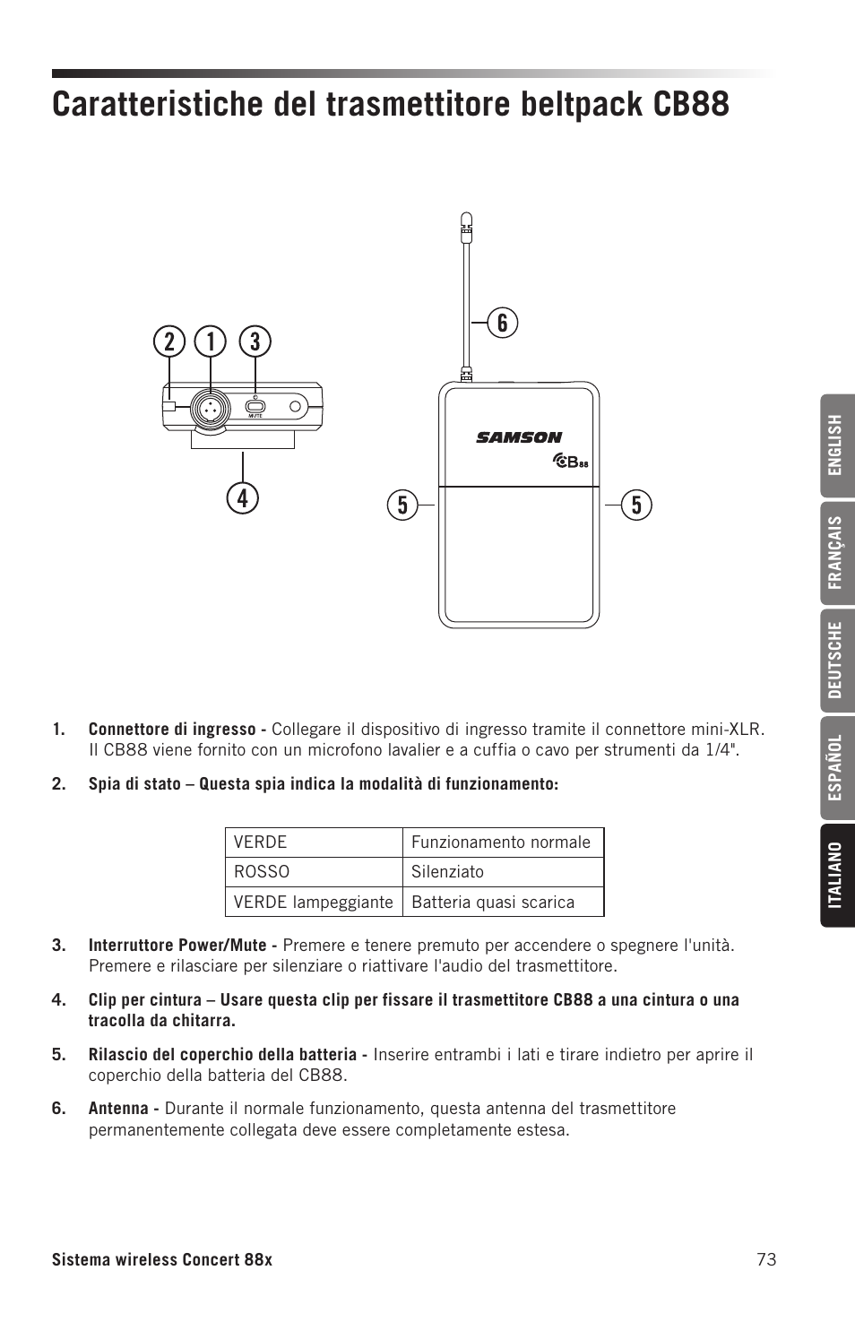 Caratteristiche del trasmettitore beltpack cb88 | Samson Concert 88x Wireless Lavalier Microphone System with LM10 Miniature Lav (D: 542 to 566 MHz) User Manual | Page 73 / 84