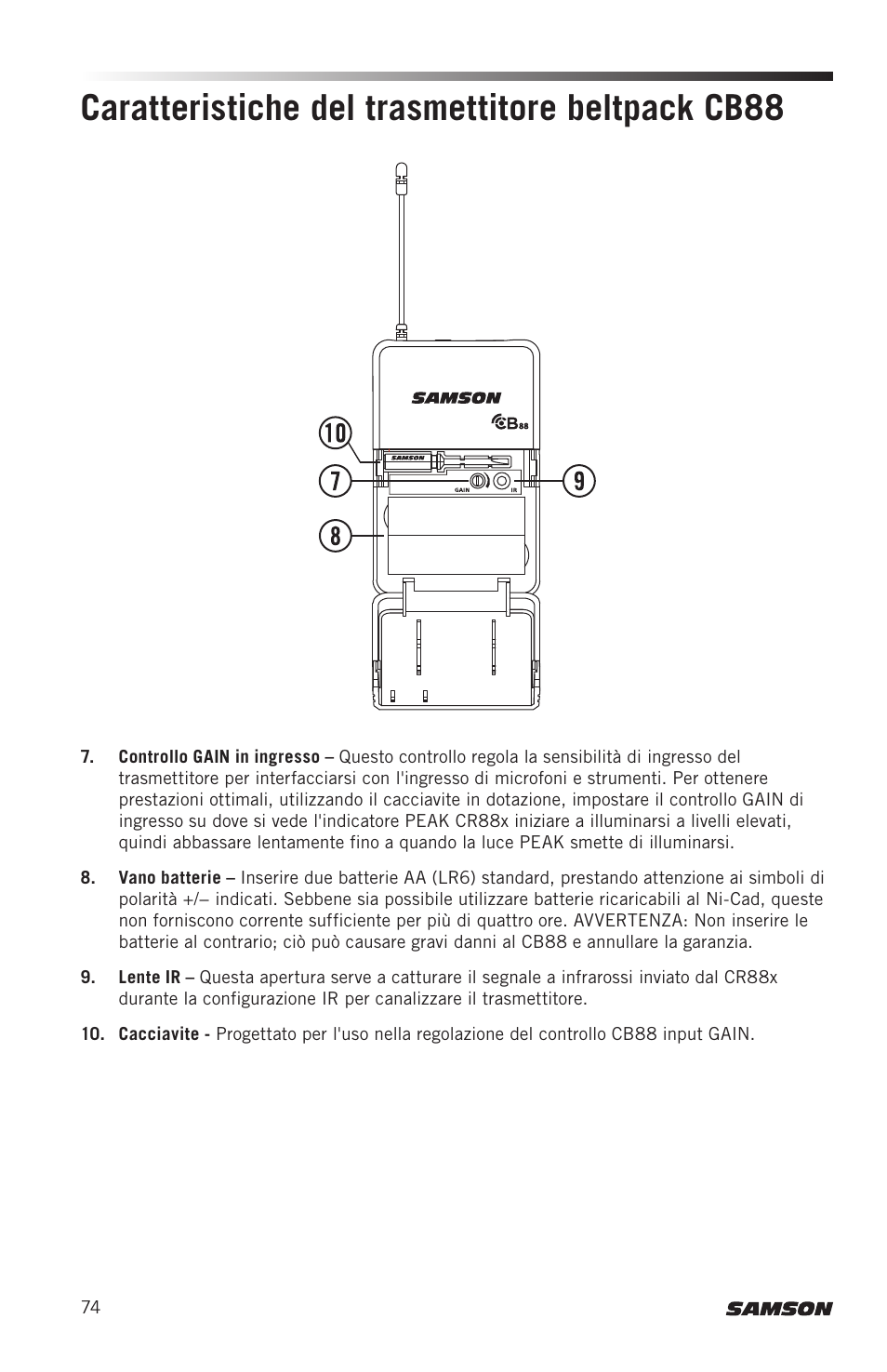 Caratteristiche del trasmettitore beltpack cb88 | Samson Concert 88x Wireless Lavalier Microphone System with LM10 Miniature Lav (D: 542 to 566 MHz) User Manual | Page 74 / 84