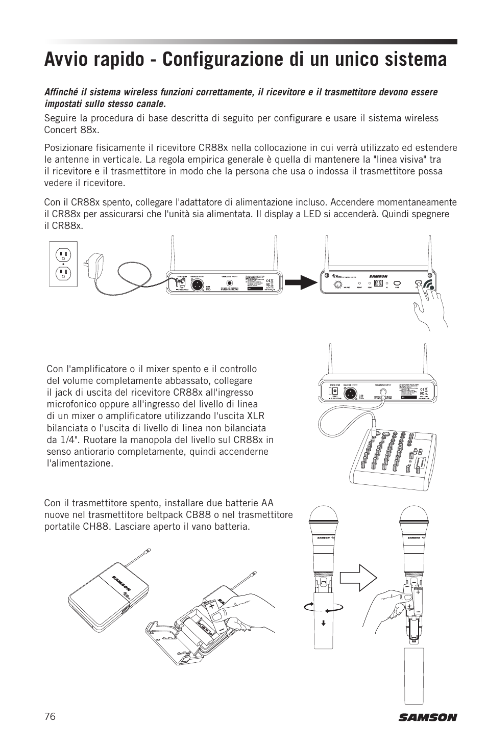 Avvio rapido - configurazione di un unico sistema | Samson Concert 88x Wireless Lavalier Microphone System with LM10 Miniature Lav (D: 542 to 566 MHz) User Manual | Page 76 / 84
