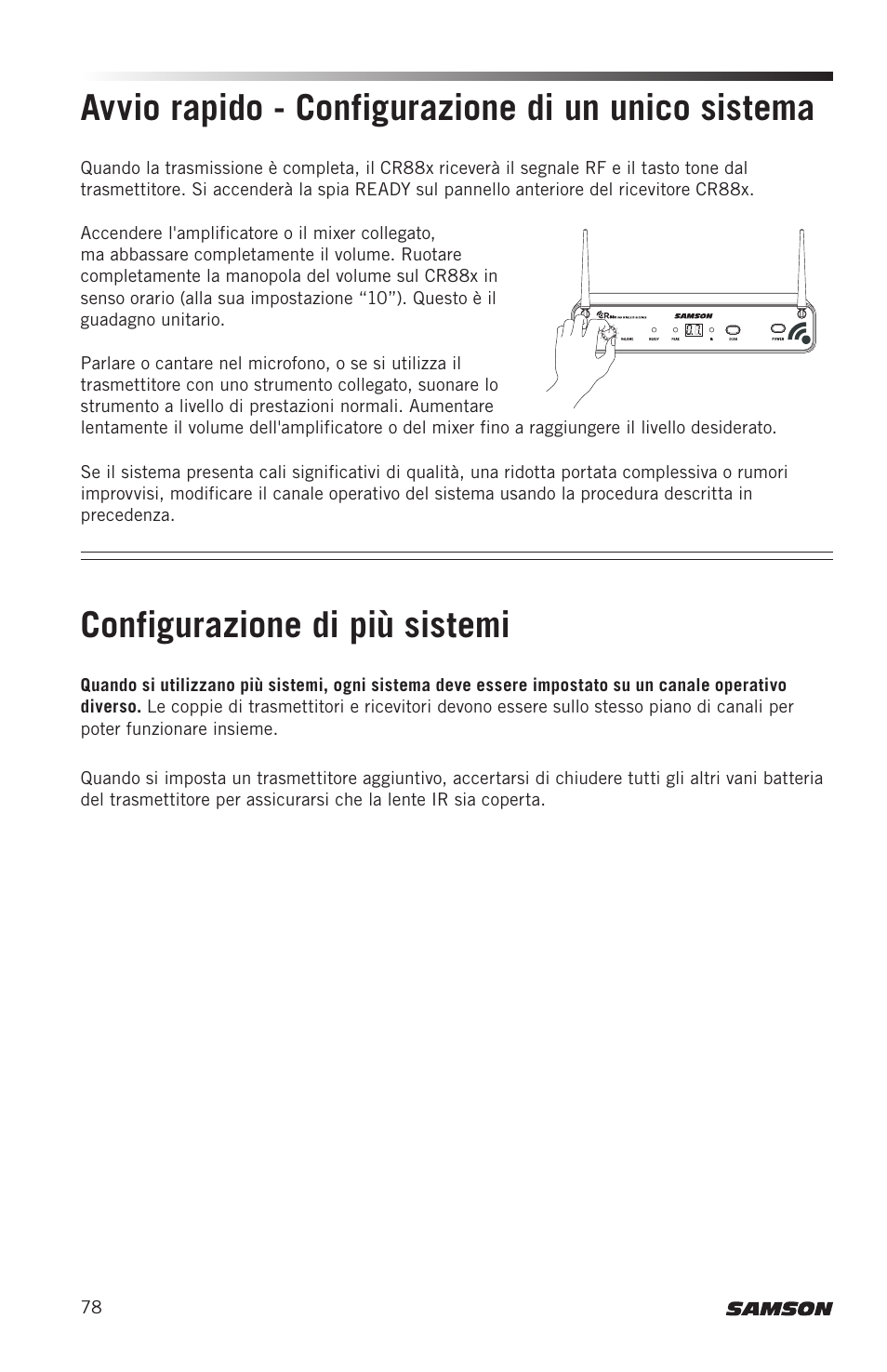 Avvio rapido - configurazione di un unico sistema, Configurazione di più sistemi | Samson Concert 88x Wireless Lavalier Microphone System with LM10 Miniature Lav (D: 542 to 566 MHz) User Manual | Page 78 / 84