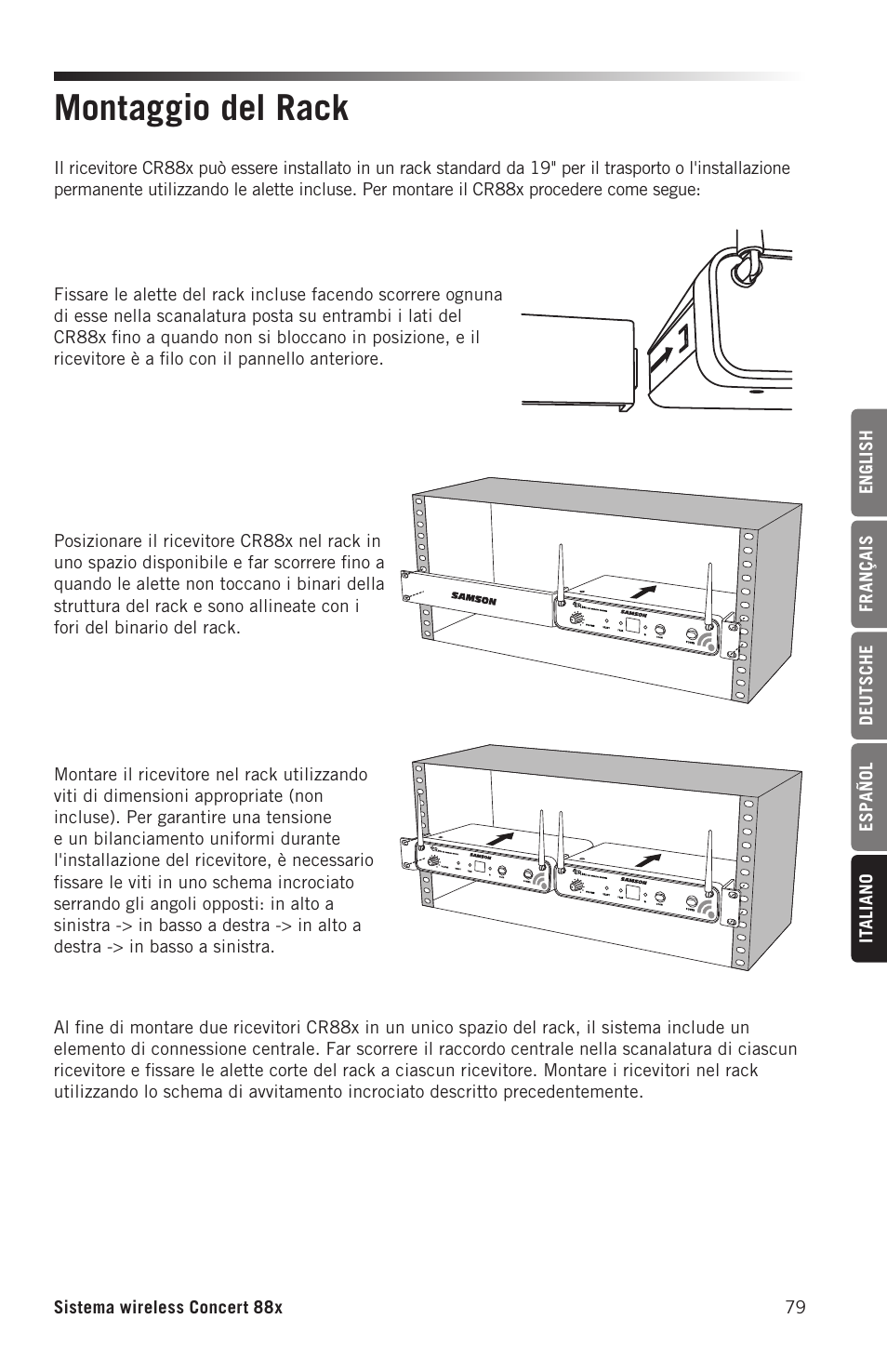 Montaggio del rack | Samson Concert 88x Wireless Lavalier Microphone System with LM10 Miniature Lav (D: 542 to 566 MHz) User Manual | Page 79 / 84