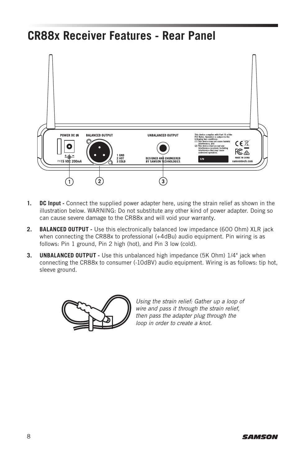 Cr88x receiver features - rear panel | Samson Concert 88x Wireless Lavalier Microphone System with LM10 Miniature Lav (D: 542 to 566 MHz) User Manual | Page 8 / 84