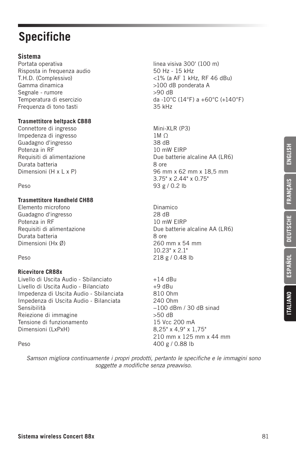 Specifiche | Samson Concert 88x Wireless Lavalier Microphone System with LM10 Miniature Lav (D: 542 to 566 MHz) User Manual | Page 81 / 84