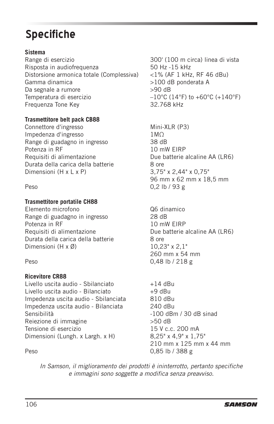 Specifiche | Samson Concert 88 Camera Combo UHF Camera Wireless System (D: 542 to 566 MHz) User Manual | Page 106 / 108