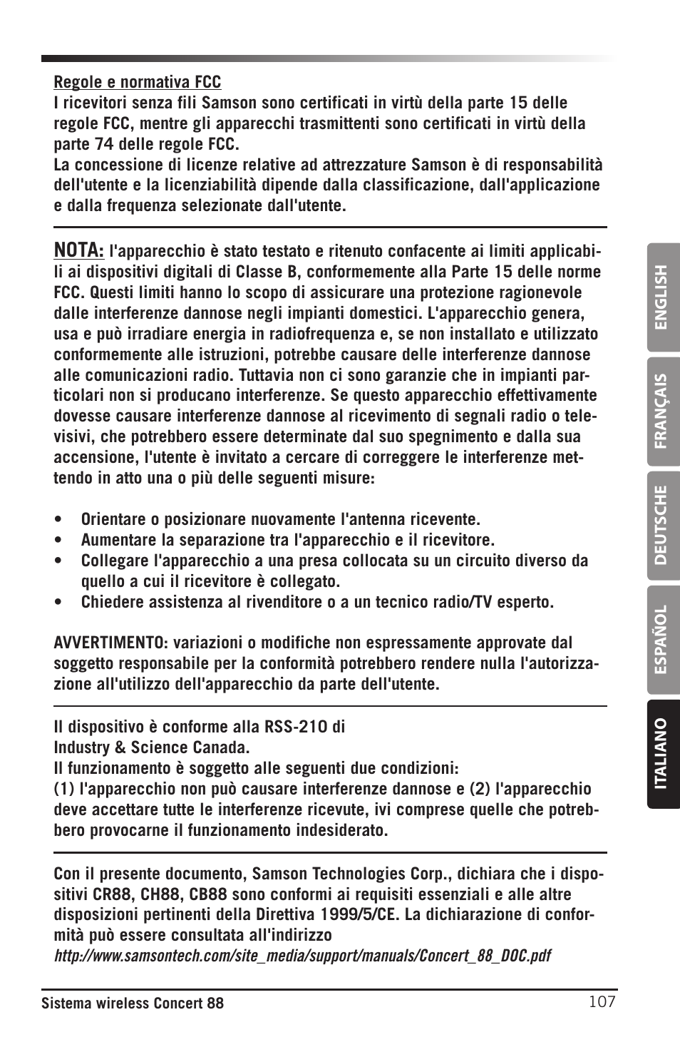 Nota | Samson Concert 88 Camera Combo UHF Camera Wireless System (D: 542 to 566 MHz) User Manual | Page 107 / 108