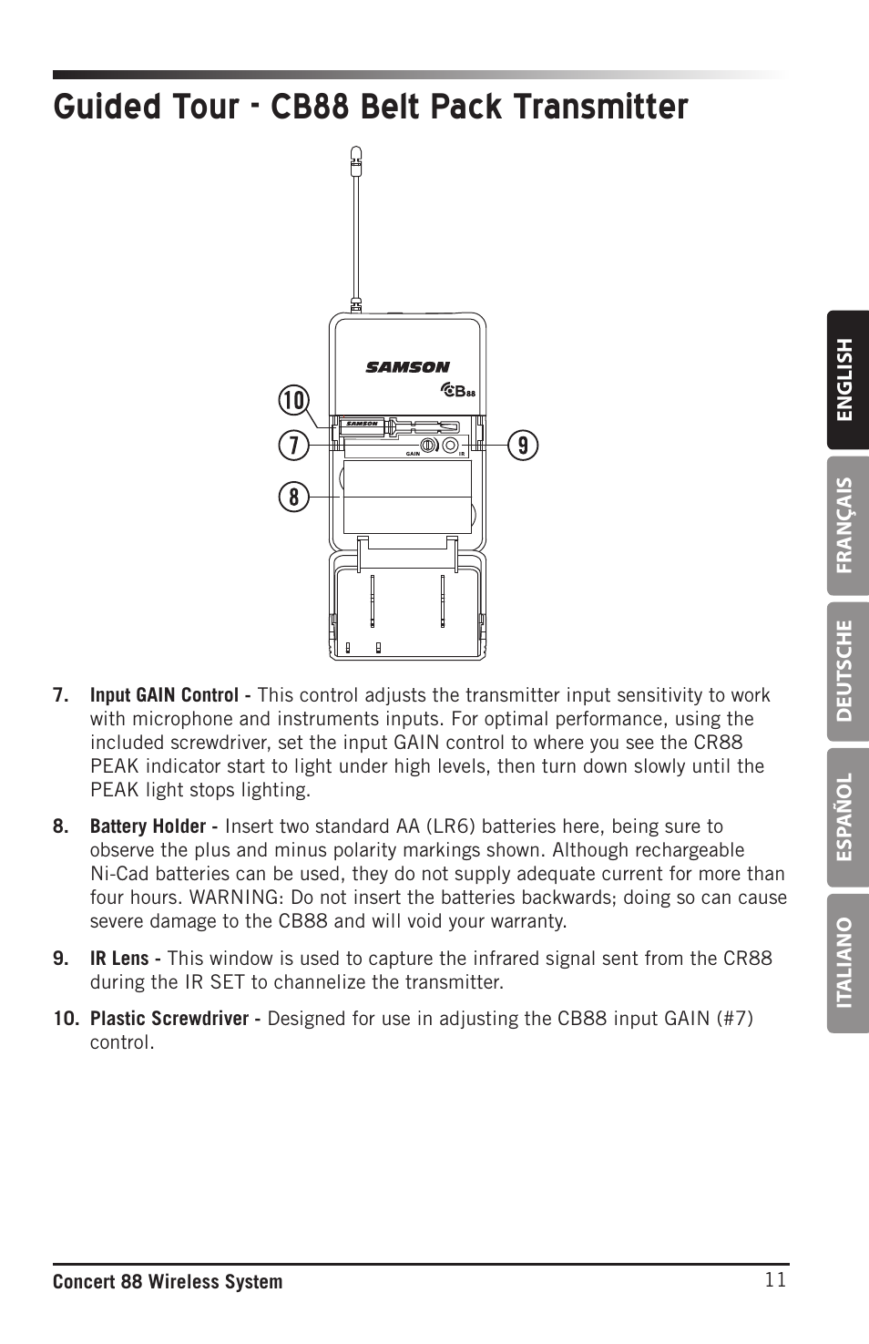 Guided tour - cb88 belt pack transmitter | Samson Concert 88 Camera Combo UHF Camera Wireless System (D: 542 to 566 MHz) User Manual | Page 11 / 108