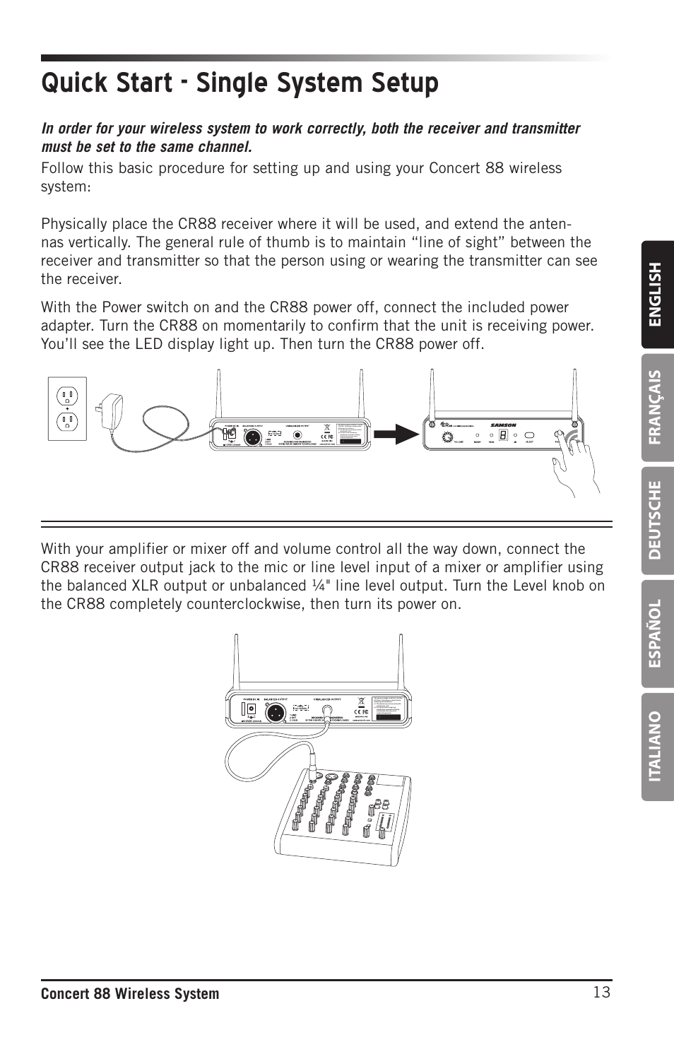 Quick start - single system setup, English fr anç ais deut sche esp añol it aliano, 13 concert 88 wireless system | Samson Concert 88 Camera Combo UHF Camera Wireless System (D: 542 to 566 MHz) User Manual | Page 13 / 108