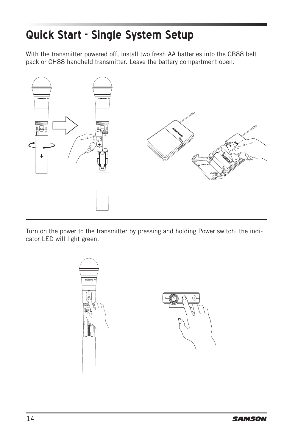 Quick start - single system setup | Samson Concert 88 Camera Combo UHF Camera Wireless System (D: 542 to 566 MHz) User Manual | Page 14 / 108