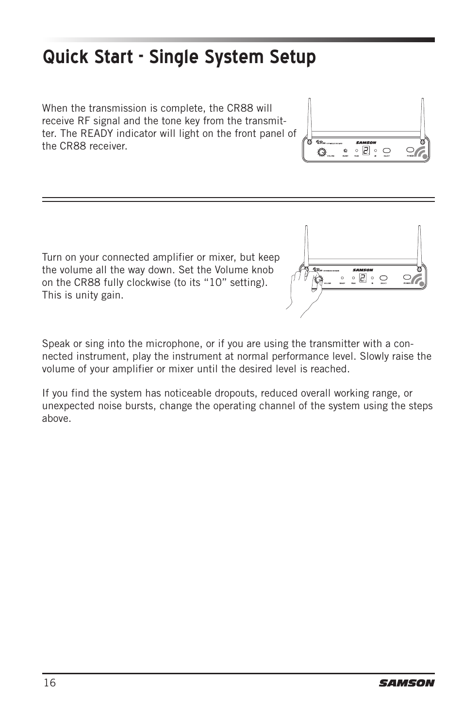 Quick start - single system setup | Samson Concert 88 Camera Combo UHF Camera Wireless System (D: 542 to 566 MHz) User Manual | Page 16 / 108