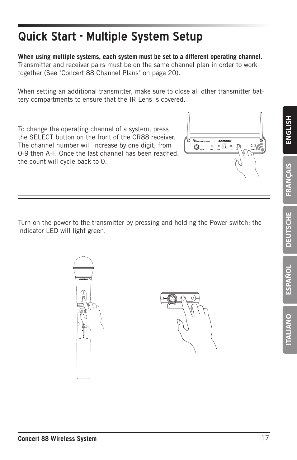 Quick start - multiple system setup, English fr anç ais deut sche esp añol it aliano, 17 concert 88 wireless system | Samson Concert 88 Camera Combo UHF Camera Wireless System (D: 542 to 566 MHz) User Manual | Page 17 / 108