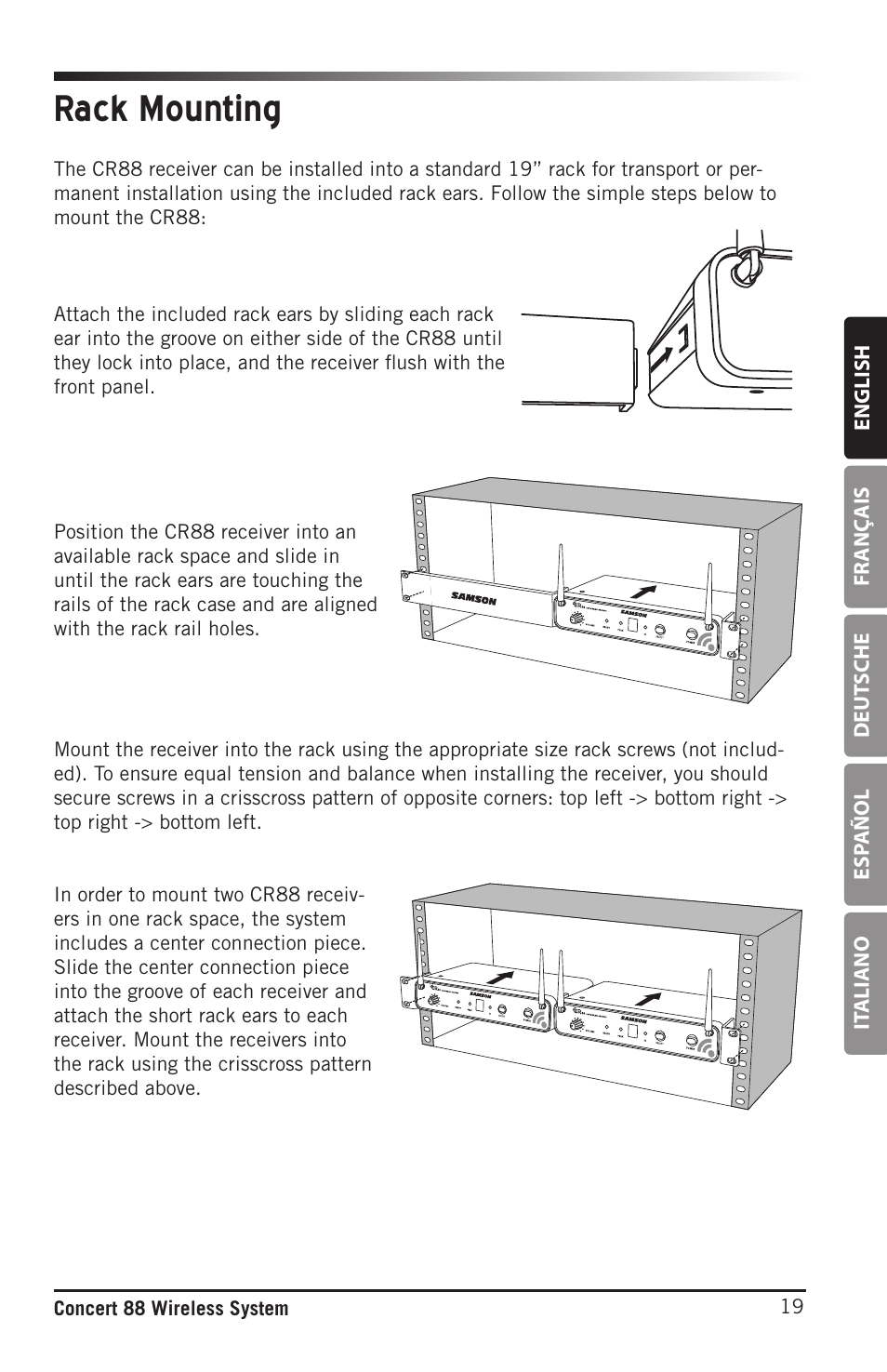 Rack mounting | Samson Concert 88 Camera Combo UHF Camera Wireless System (D: 542 to 566 MHz) User Manual | Page 19 / 108