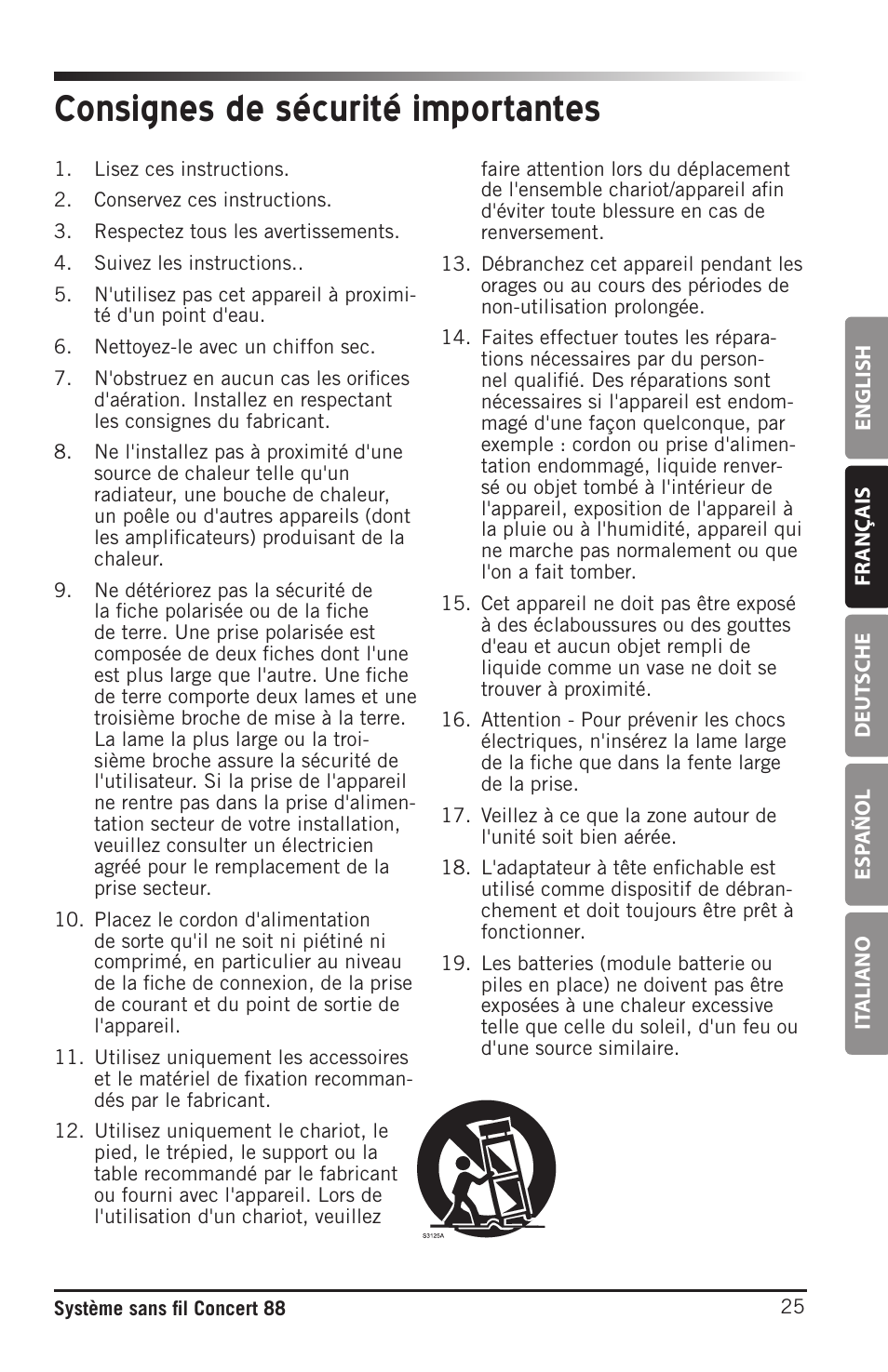 Consignes de sécurité importantes | Samson Concert 88 Camera Combo UHF Camera Wireless System (D: 542 to 566 MHz) User Manual | Page 25 / 108