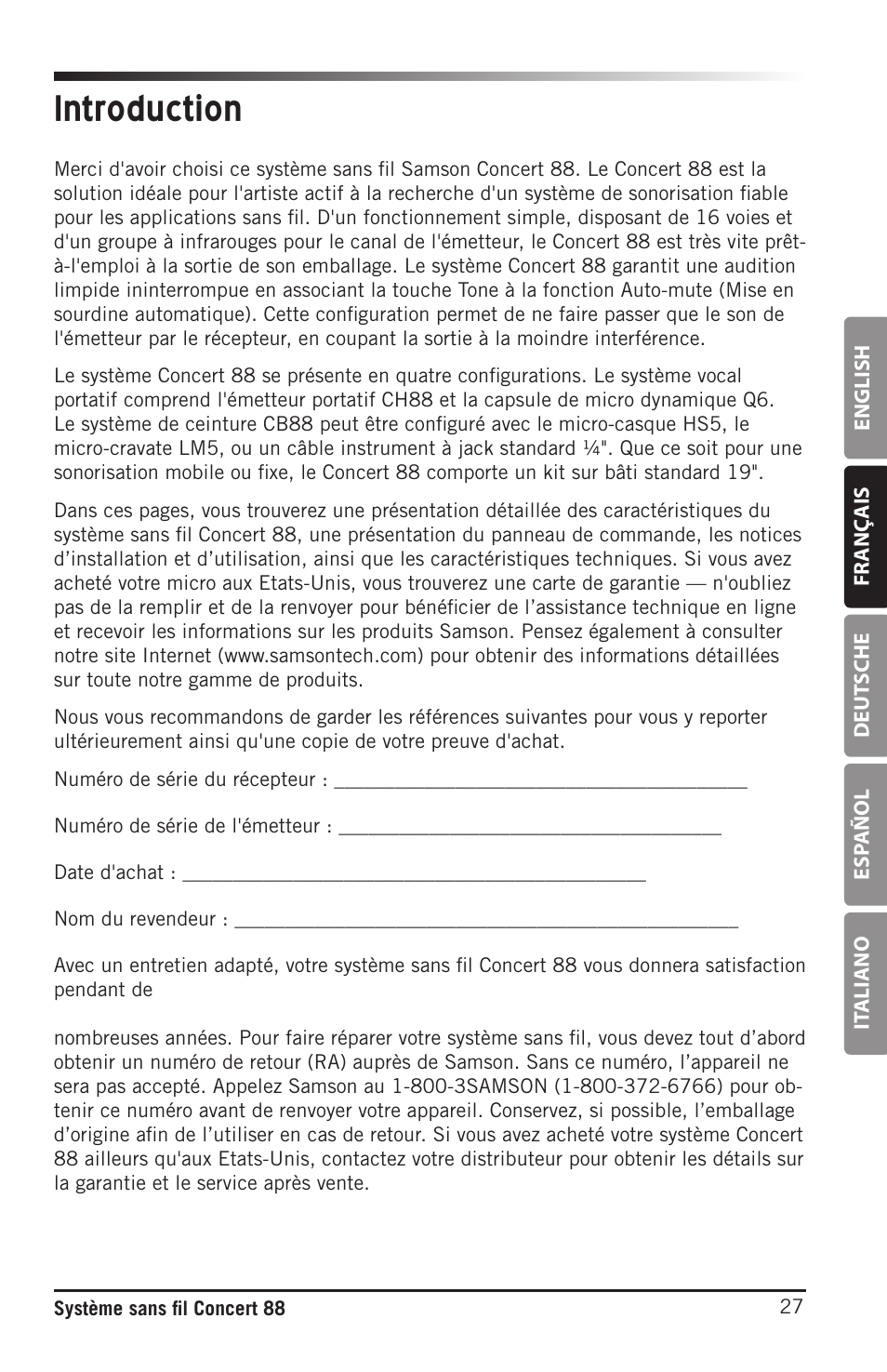 Introduction | Samson Concert 88 Camera Combo UHF Camera Wireless System (D: 542 to 566 MHz) User Manual | Page 27 / 108