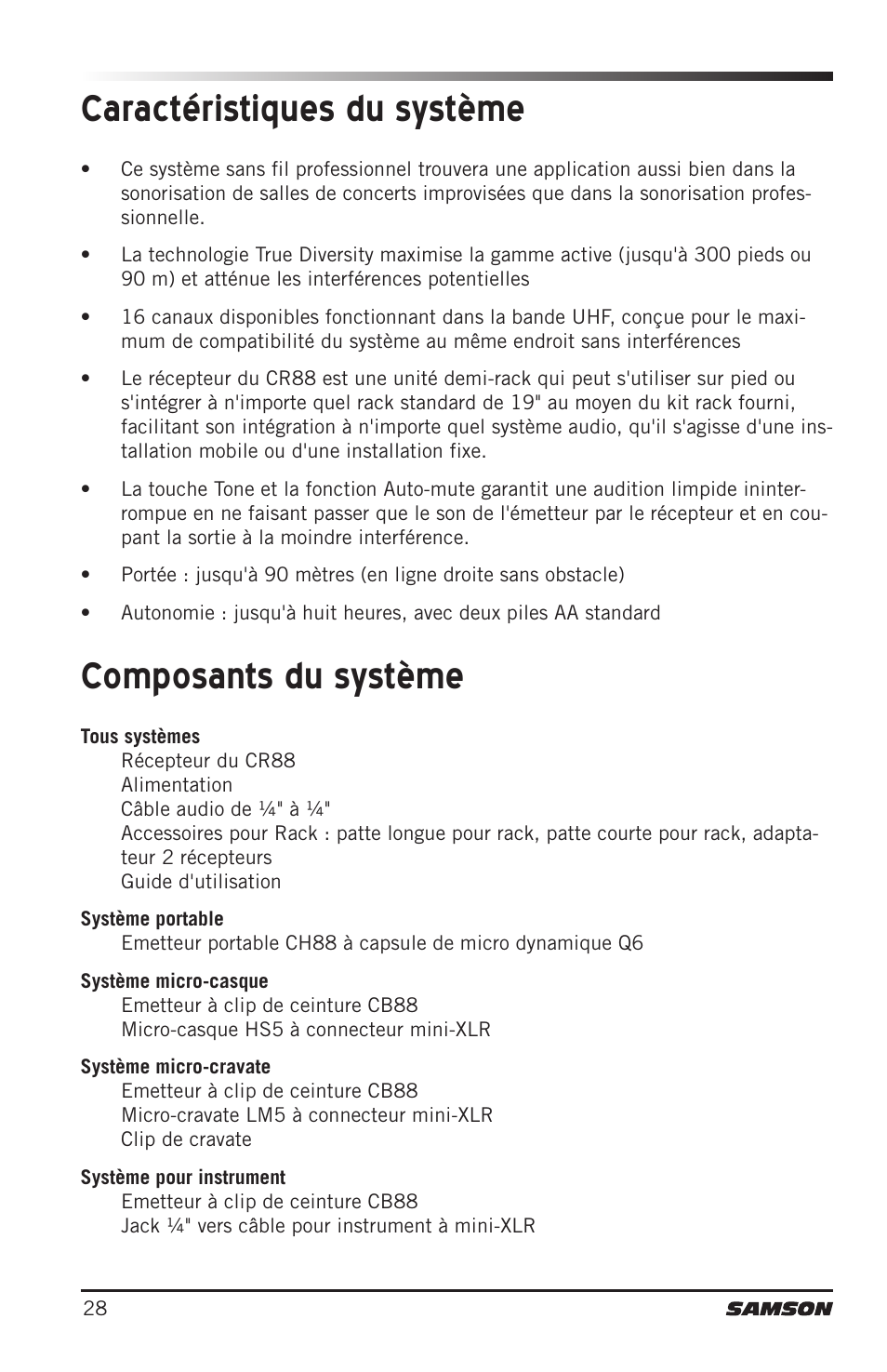 Composants du système caractéristiques du système | Samson Concert 88 Camera Combo UHF Camera Wireless System (D: 542 to 566 MHz) User Manual | Page 28 / 108