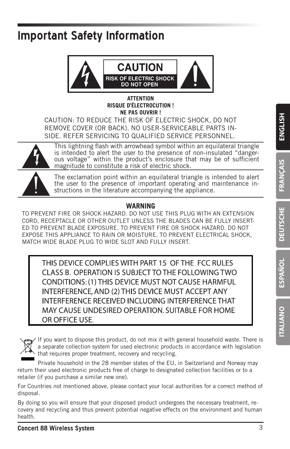 Important safety information | Samson Concert 88 Camera Combo UHF Camera Wireless System (D: 542 to 566 MHz) User Manual | Page 3 / 108