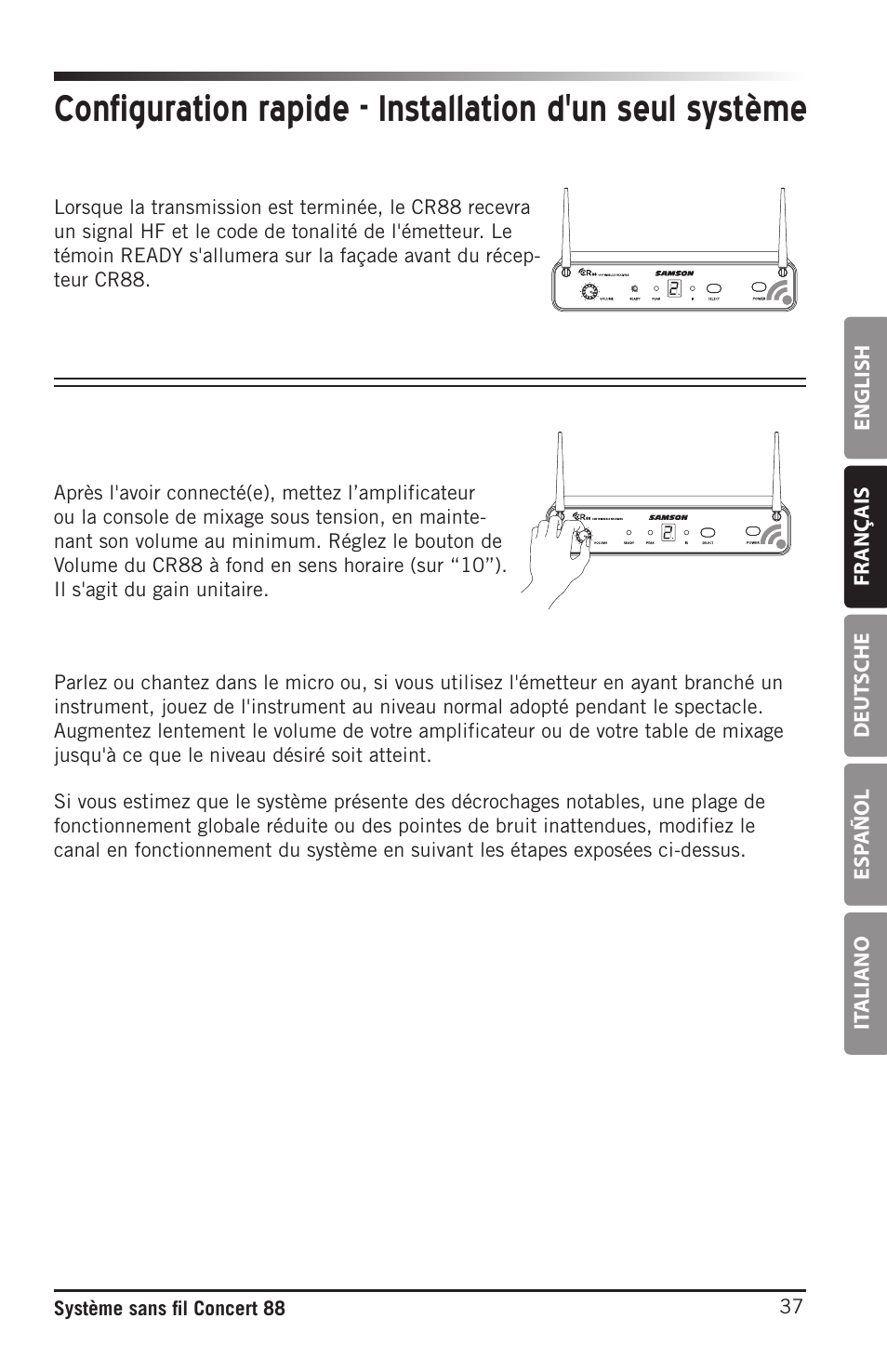 English fr anç ais deut sche esp añol it aliano, 37 système sans fil concert 88 | Samson Concert 88 Camera Combo UHF Camera Wireless System (D: 542 to 566 MHz) User Manual | Page 37 / 108