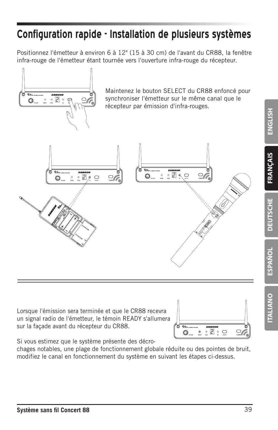English fr anç ais deut sche esp añol it aliano, 39 système sans fil concert 88 | Samson Concert 88 Camera Combo UHF Camera Wireless System (D: 542 to 566 MHz) User Manual | Page 39 / 108
