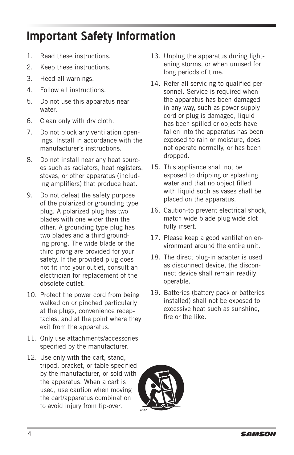 Important safety information | Samson Concert 88 Camera Combo UHF Camera Wireless System (D: 542 to 566 MHz) User Manual | Page 4 / 108