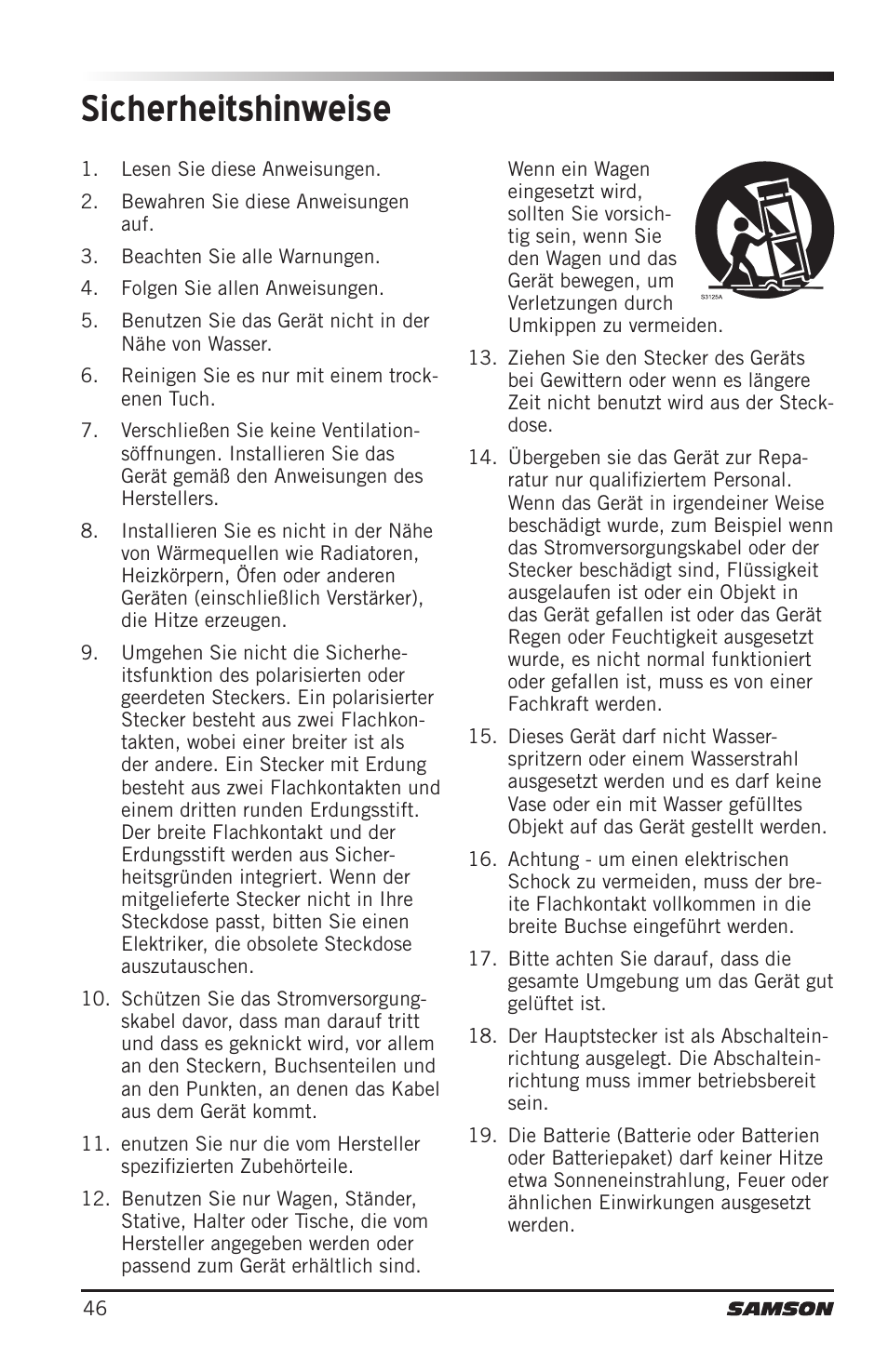 Sicherheitshinweise | Samson Concert 88 Camera Combo UHF Camera Wireless System (D: 542 to 566 MHz) User Manual | Page 46 / 108