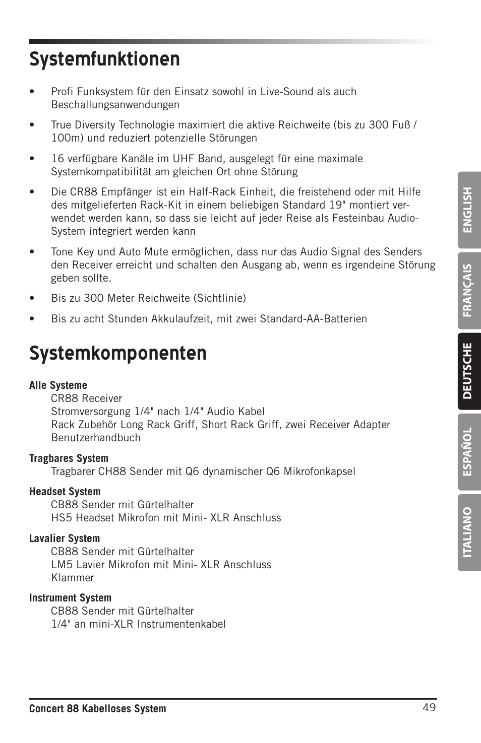 Systemkomponenten systemfunktionen | Samson Concert 88 Camera Combo UHF Camera Wireless System (D: 542 to 566 MHz) User Manual | Page 49 / 108