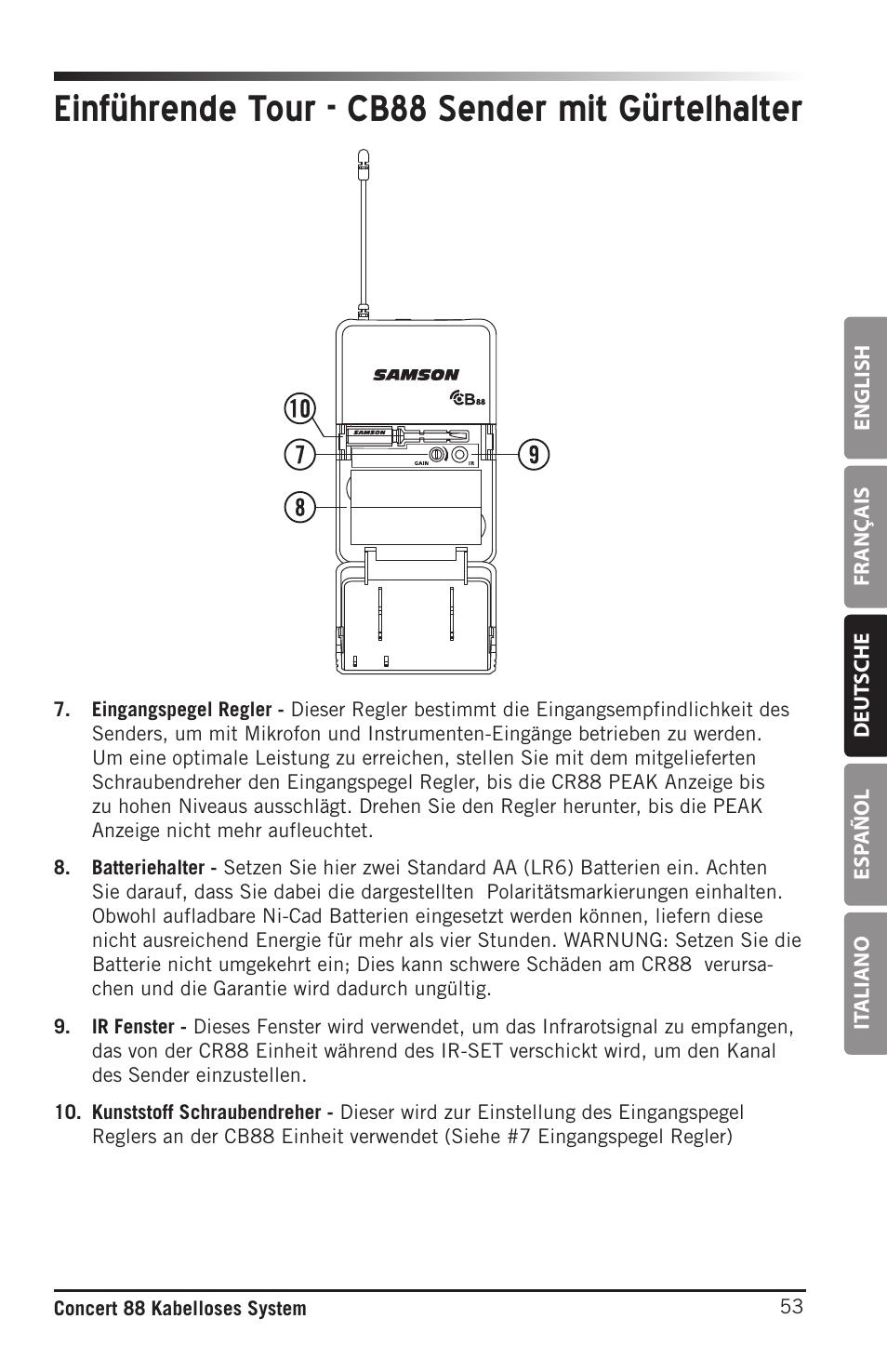Einführende tour - cb88 sender mit gürtelhalter | Samson Concert 88 Camera Combo UHF Camera Wireless System (D: 542 to 566 MHz) User Manual | Page 53 / 108