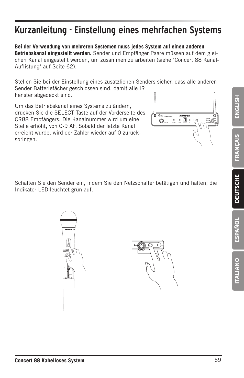 English fr anç ais deut sche esp añol it aliano, 59 concert 88 kabelloses system | Samson Concert 88 Camera Combo UHF Camera Wireless System (D: 542 to 566 MHz) User Manual | Page 59 / 108
