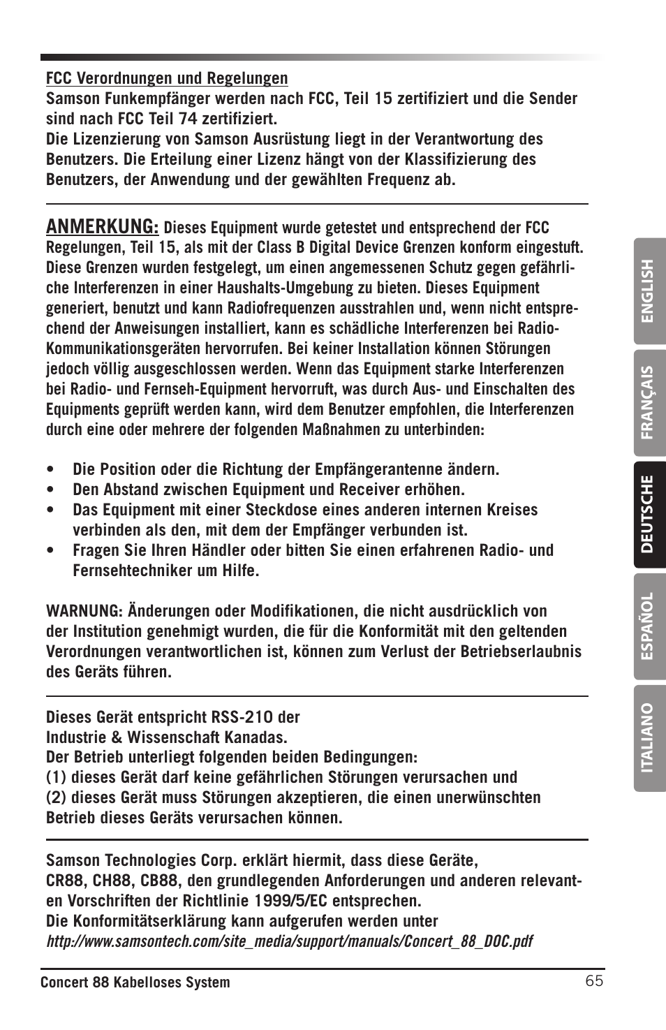 Anmerkung | Samson Concert 88 Camera Combo UHF Camera Wireless System (D: 542 to 566 MHz) User Manual | Page 65 / 108