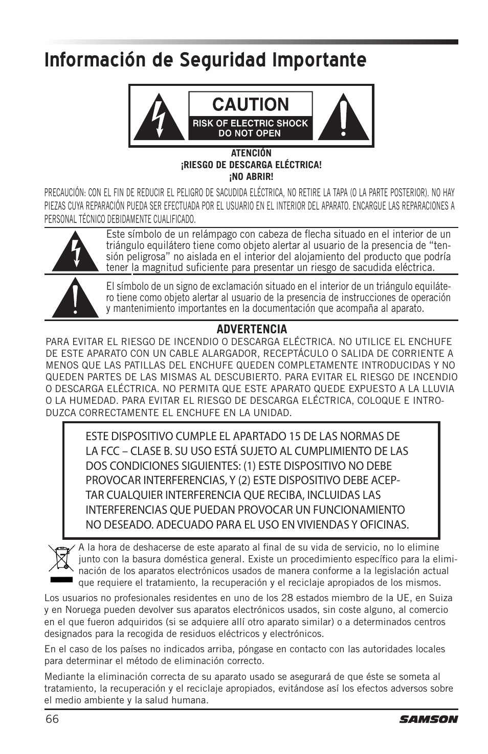 Información de seguridad importante | Samson Concert 88 Camera Combo UHF Camera Wireless System (D: 542 to 566 MHz) User Manual | Page 66 / 108